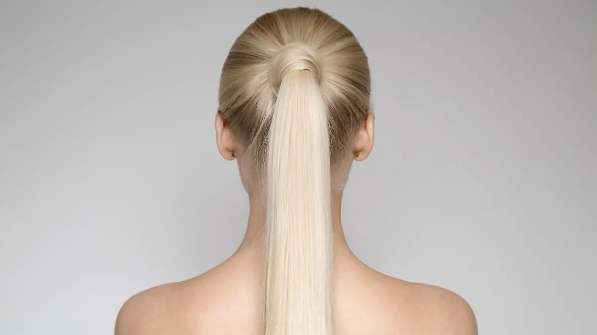 Portrait Of A Beautiful Young Blond Woman With Ponytail Hairstyle. Back view
