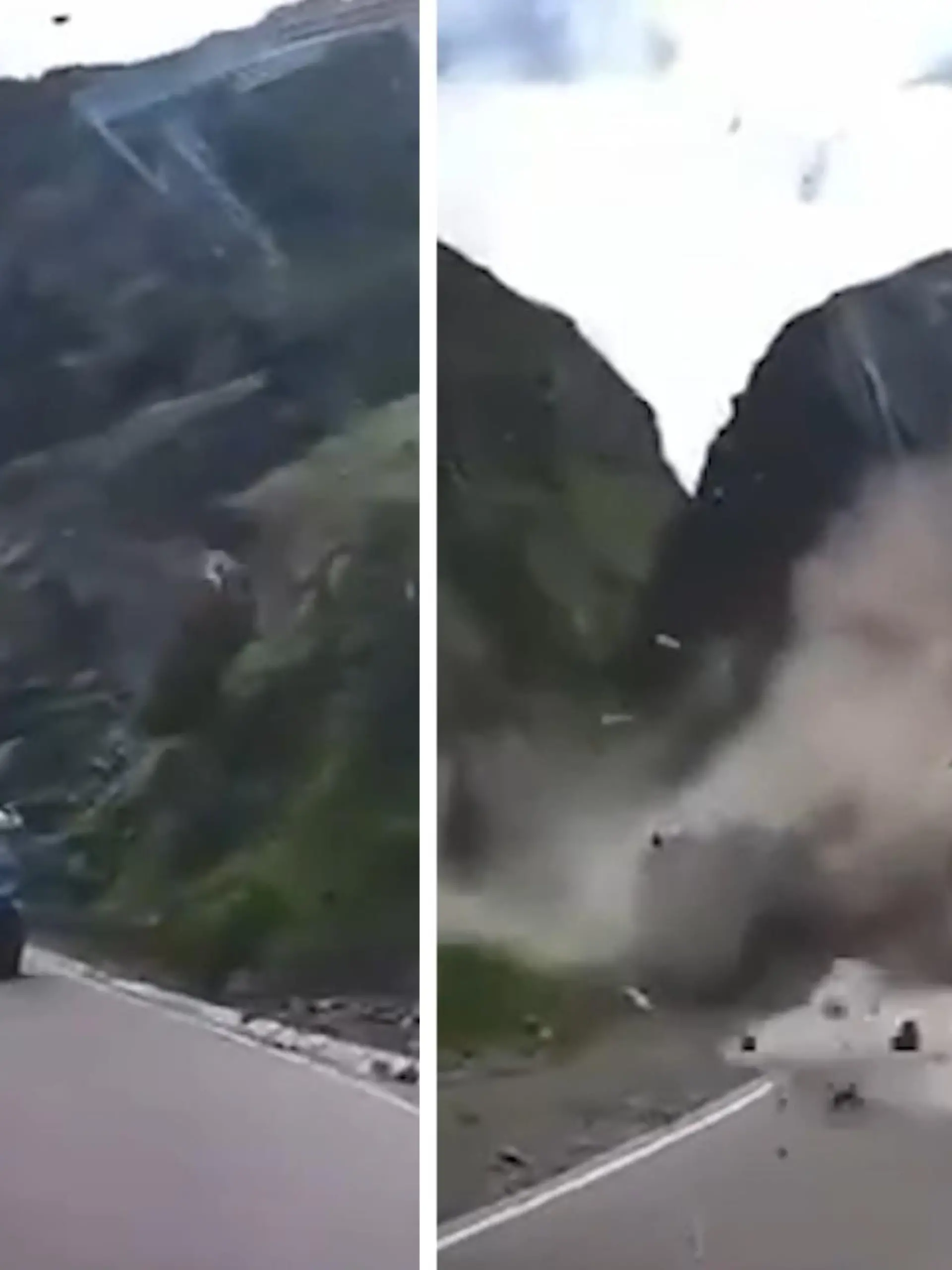 Unglaubliches Glück. Im peruanischen Huarochirí sind zwei Lastwagen durch einen Felssturz zerstört worden. Riesige Felsbrocken hatten sich
gelöst und stürzten auf die Straße.