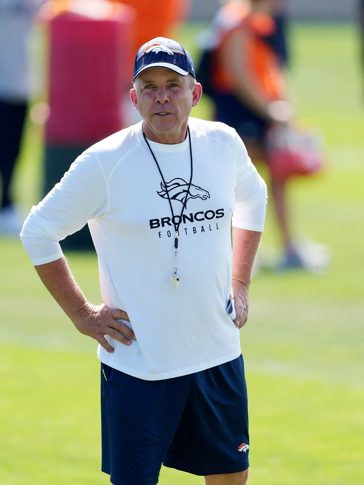 Denver Broncos head coach Sean Payton looks on as players take part in drills during an NFL football training camp Thursday, July 27, 2023, in Centennial, Colo. (AP Photo/David Zalubowski)