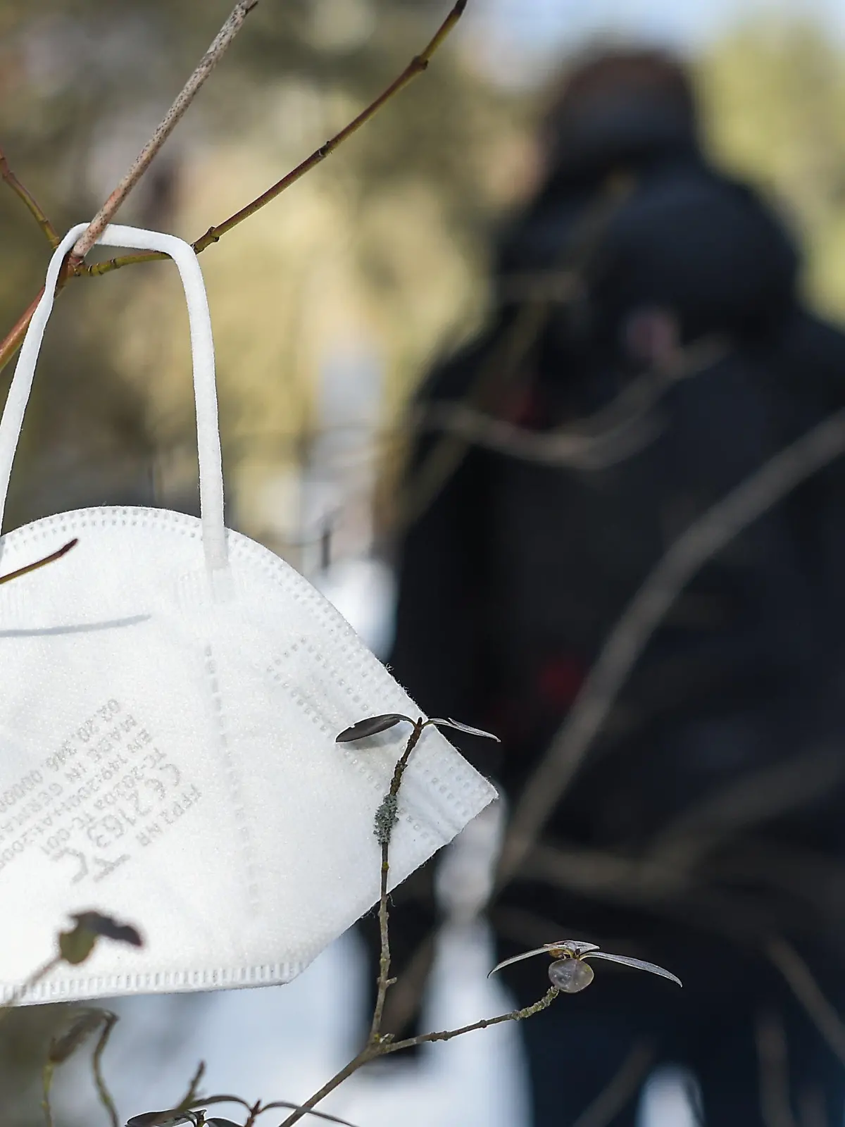 ARCHIV - 13.02.2021, Berlin: Eine FFP2-Maske hängt an einem Strauch. (zu dpa Faktencheck - FFP2-Masken unter freiem Himmel - nützlich oder unsinnig?) Foto: Kira Hofmann/dpa-Zentralbild/dpa +++ dpa-Bildfunk +++