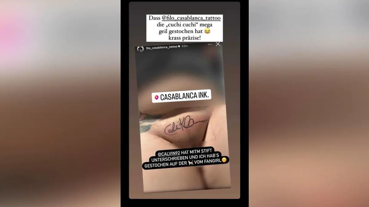 „Mega geil gestochen und krass präzise“ - wie auch immer das Tattoo bei Schriftzug-Geber Calvin Kleinen ankommen mag - das Studio „Filo Casablanca Ink.“ wird dafür im Netz gefeiert.