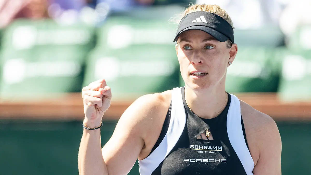 06.03.2024, USA, Indian Wells: Tennis: WTA-Tour - Indian Wells, Einzel, Damen, 1. Runde, Kerber (Kiel) - Martic (Kroatien): Angelique Kerber aus Deutschland reagiert. Foto: Maximilian Haupt/dpa +++ dpa-Bildfunk +++