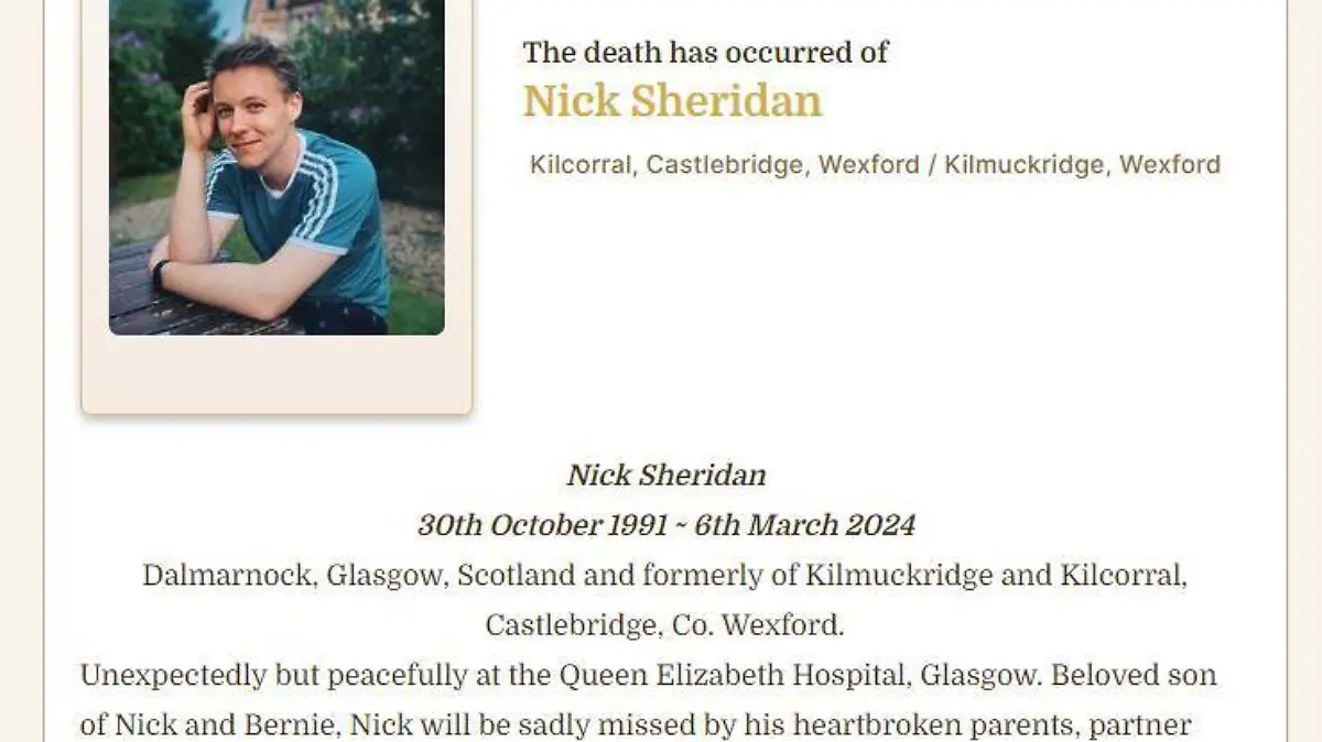 Mit dieser Anzeige trauert die Familie von Nick Sheridan.