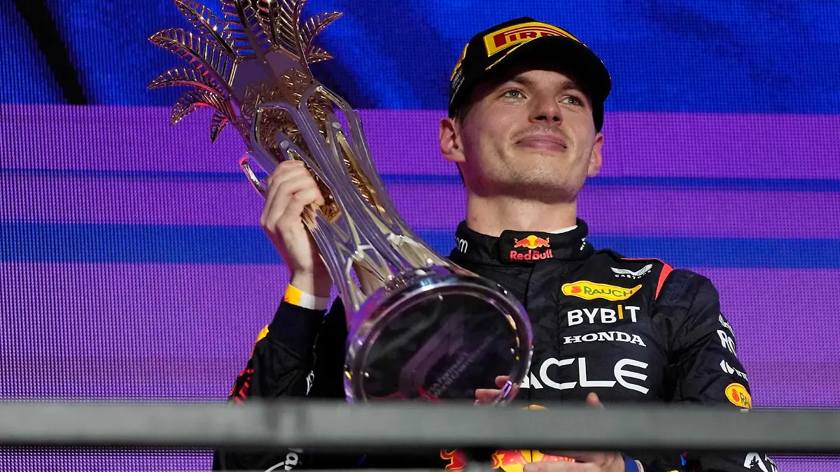 Red Bull driver Max Verstappen of the Netherlands celebrates after winning the Formula One Saudi Arabian Grand Prix at the Jeddah Corniche Circuit, in Jedda, Saudi Arabia, Saturday, March 9, 2024. (AP Photo/Darko Bandic)