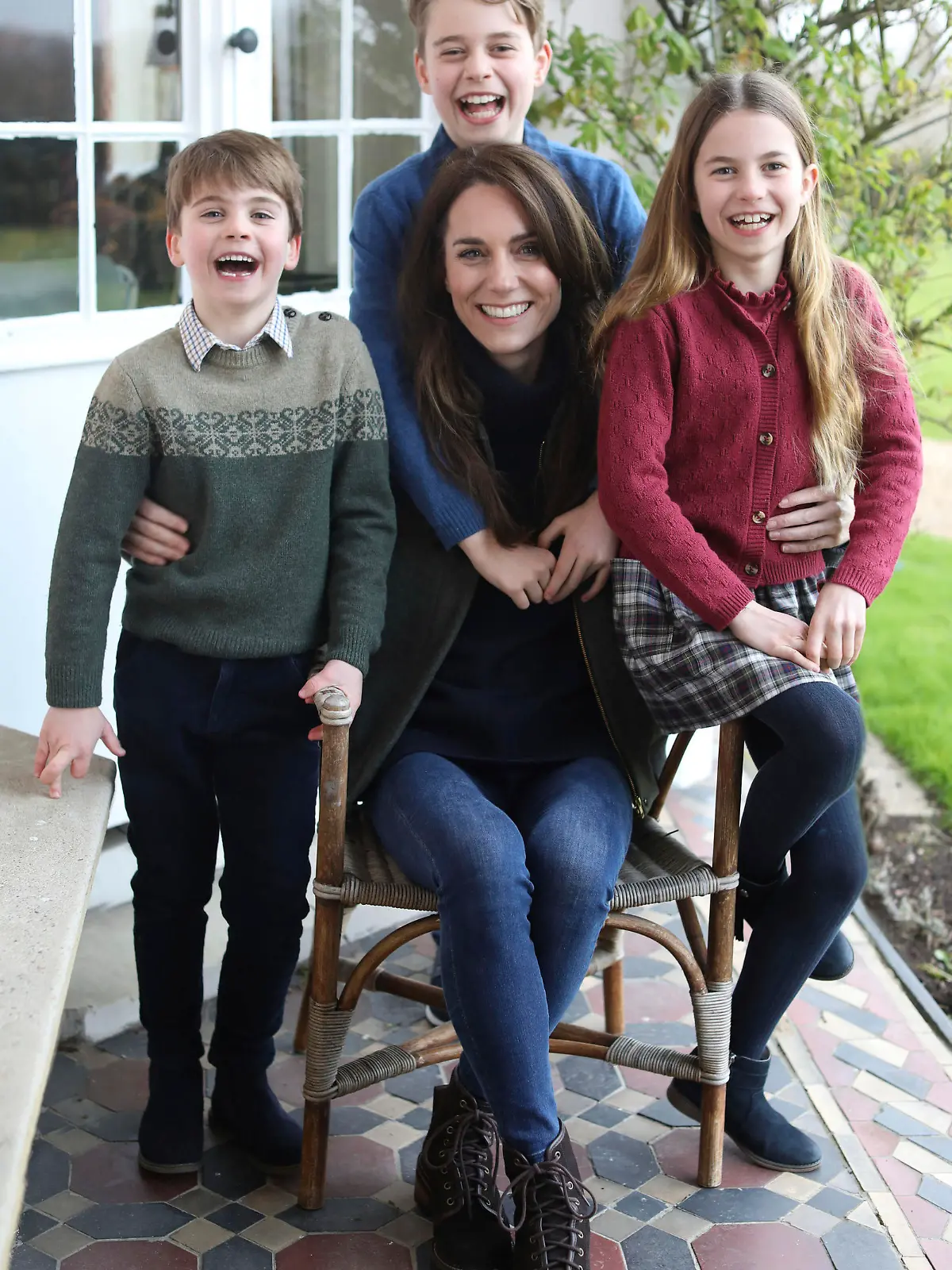 This undated photo issued on Sunday March 10, 2024 by Kensington Palace shows Kate, Princess of Wales with her children, Prince Louis, left, Prince George and Princess Charlotte, taken in Windsor, England, by Prince William earlier this week. The Princess of Wales shared a message on social media thanking the public for their continued support and wishing people a Happy Mother's Day. (Prince of Wales/Kensington Palace via AP)