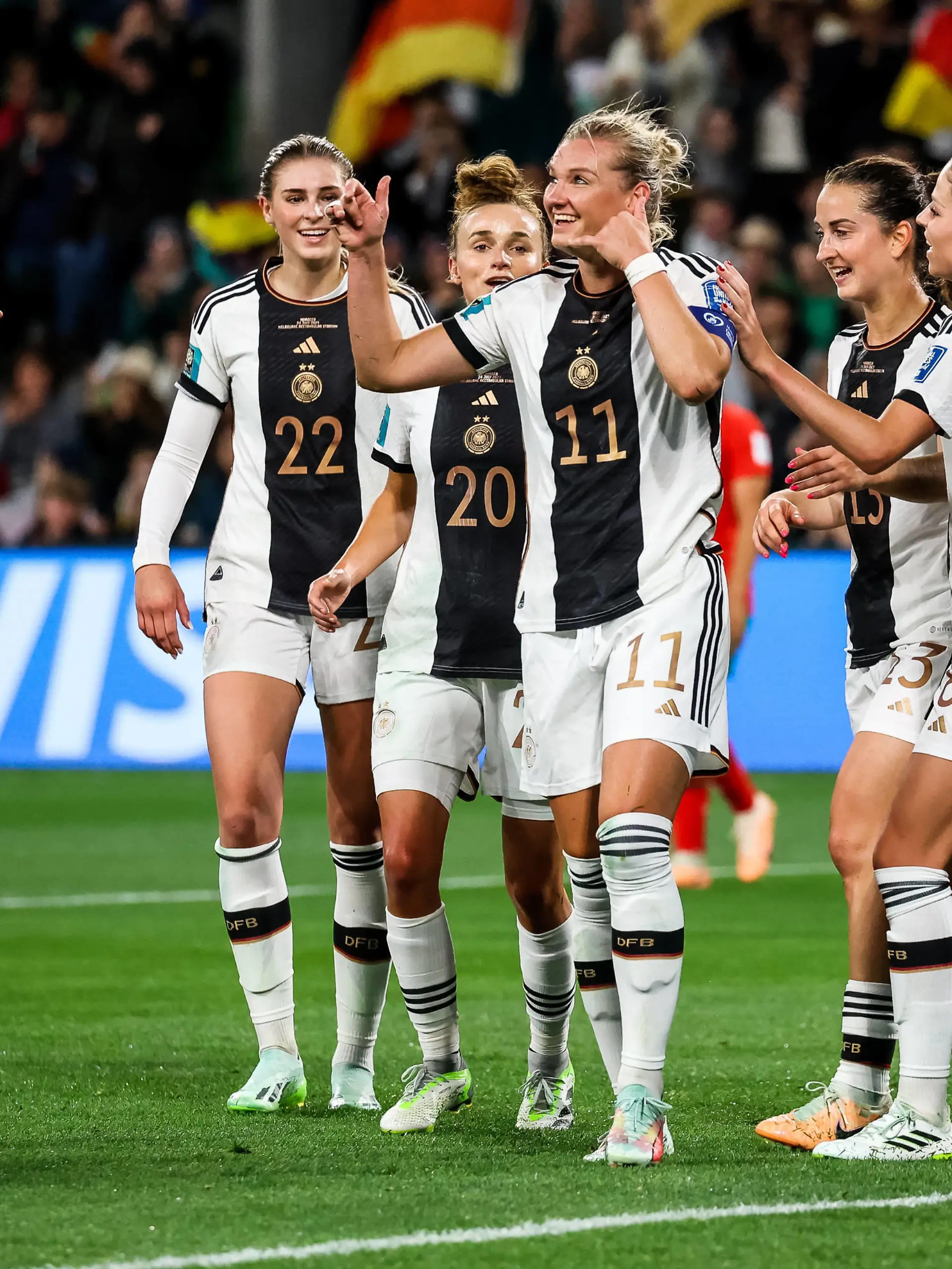 FIFA Frauen-Weltmeisterschaft 2023: Deutschland - Marokko 24.07.2023 Jubel zum 2:0 durch Alexandra Popp Deutschland, 11 Svenja Huth Deutschland, 9, Alexandra Popp Deutschland, 11, Jule Brand Deutschland, 22, Sara Daebritz Deutschland, 13, Melanie Leupolz Deutschland, 18 FIFA Frauen-Weltmeisterschaft 2023: Deutschland - Marokko Melbourne / Naarm, Melbourne-Rectangular-Stadion, 23.07.2023 *** FIFA Womens World Cup 2023 Germany Morocco 24 07 2023 Cheers for 2 0 by Alexandra Popp Germany, 11 Svenja Huth Germany, 9 , Alexandra Popp Germany, 11 , Jule Brand Germany, 22 , Sara Daebritz Germany, 13 , Melanie Leupolz Germany, 18 FIFA Womens World Cup 2023 Germany Morocco Melbourne Naarm, Melbourne Rectangular Stadium, 23 07 2023. Copyright: xBEAUTIFULxSPORTS/Jonesx
