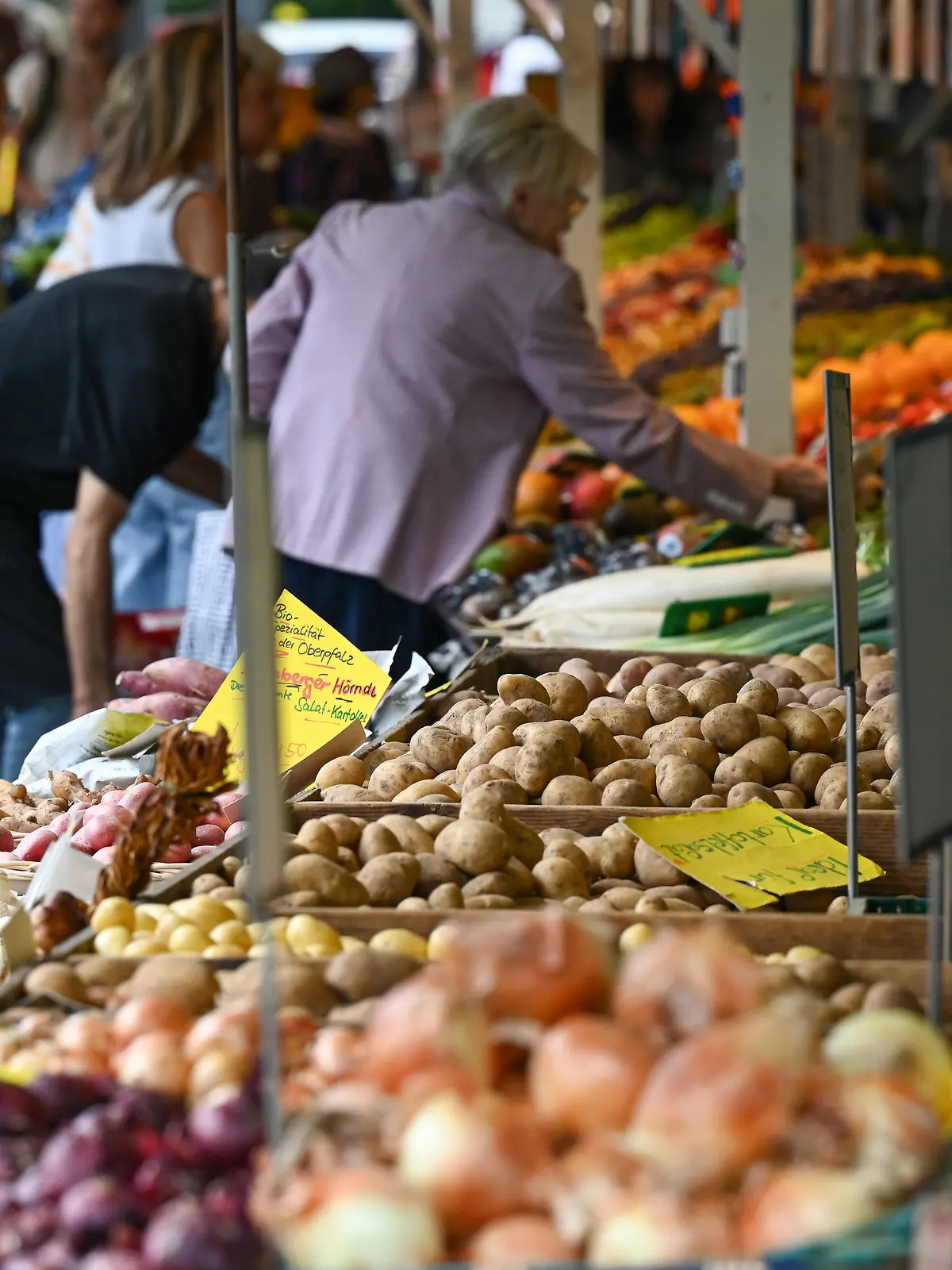 ARCHIV - 25.08.2023, Hessen, Frankfurt/Main: Obst und Gemüse werden auf dem Wochenmarkt am Südbahnhof an einem Stand angeboten. (zu dpa: «Wochenmärkte in der Krise: Geschäfte der Händler brechen stark ein») Foto: Arne Dedert/dpa +++ dpa-Bildfunk +++