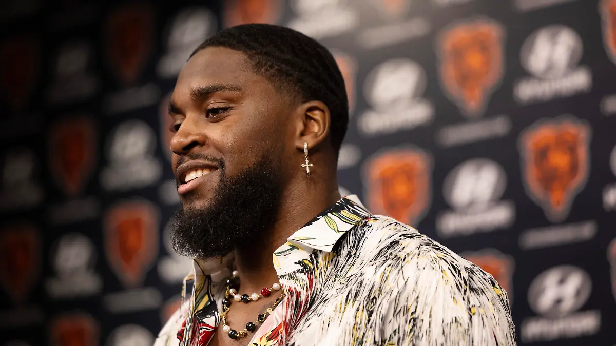 Chicago Bears NFL football cornerback Jaylon Johnson speaks with the media at Halas Hall in Lake Forest, Ill., Monday, March 11, 2024. The Chicago Bears' fifth-year cornerback signed a four-year contract extension last week for a reported $76 million, and on Monday revealed he regarded it as a personal triumph not merely because it confirmed his football abilities. (Stacey Wescott/Chicago Tribune via AP)