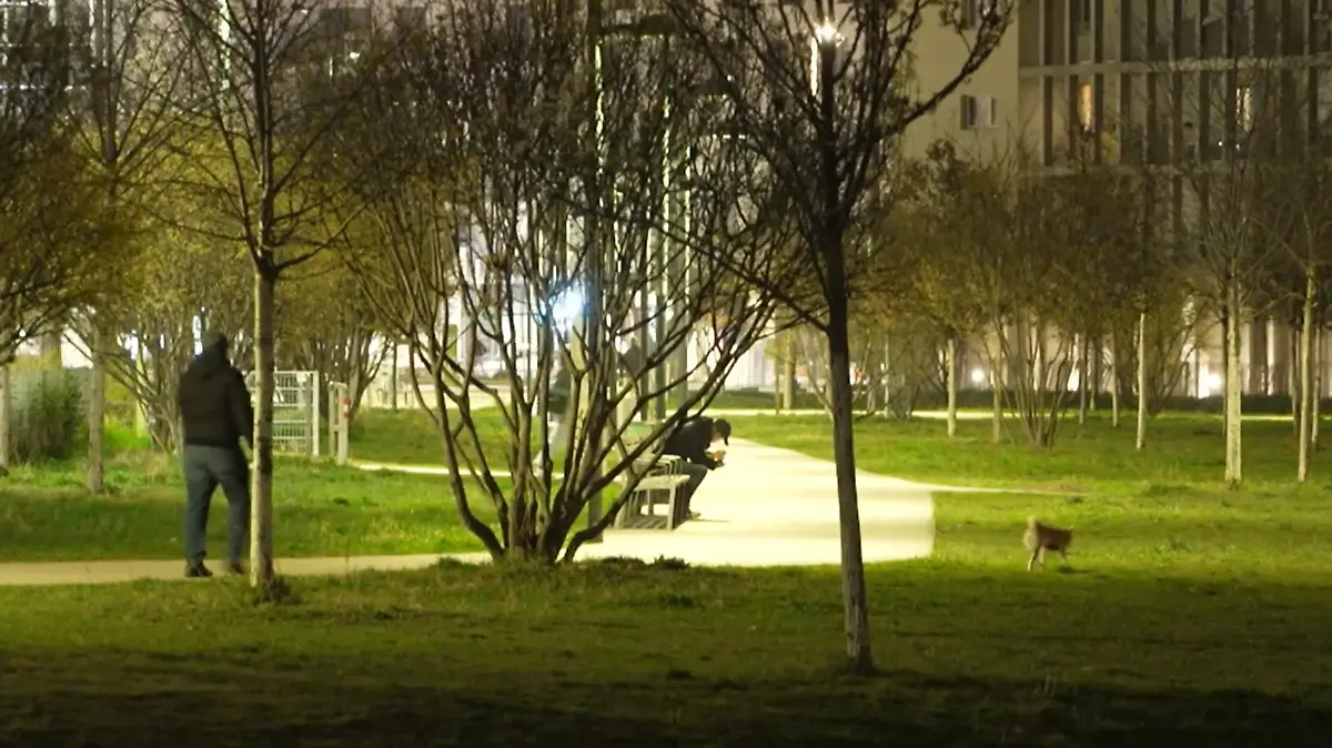 Ein Park bei Dunkelheit.
