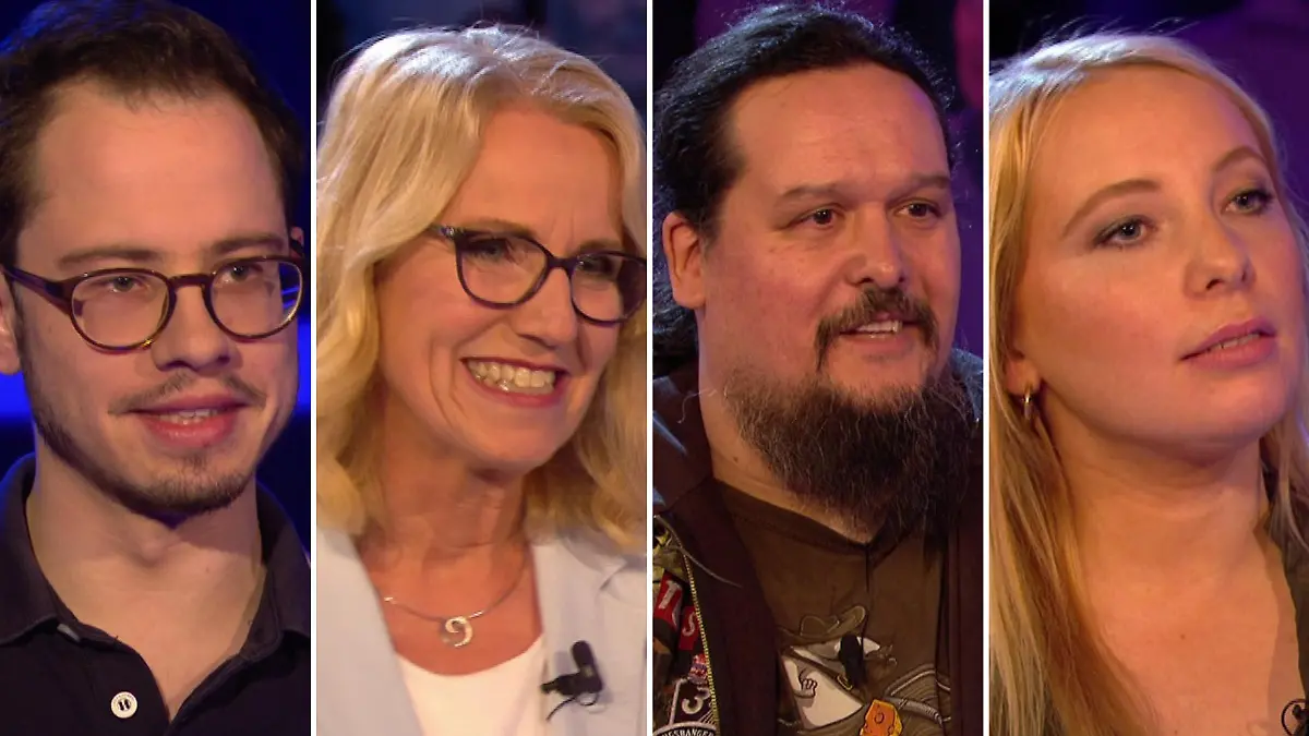 Günther Jauchs WWM-Kandidaten am Montag, 11. März: Florian Bindel, Isabell Odenthal, Martin Ott und Selina Beyer.