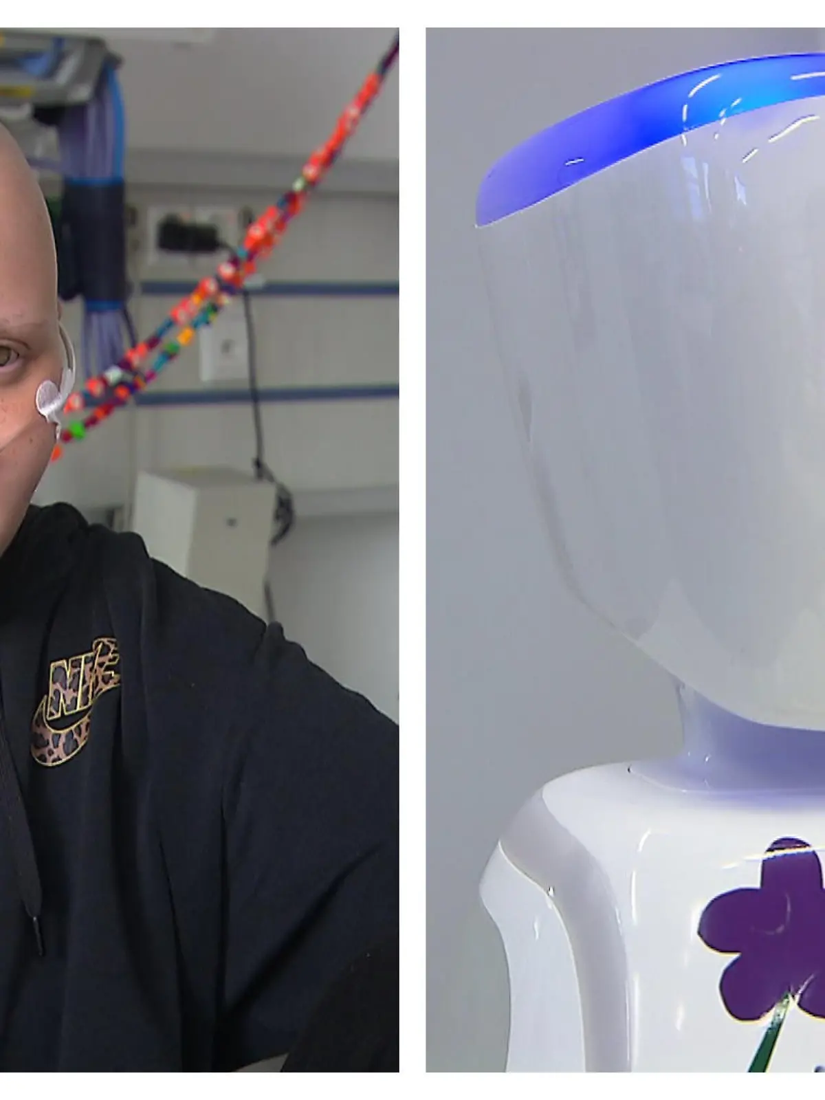 Pia sitzt im Krankenhausbett/Roboter Ivy in einer Collage.