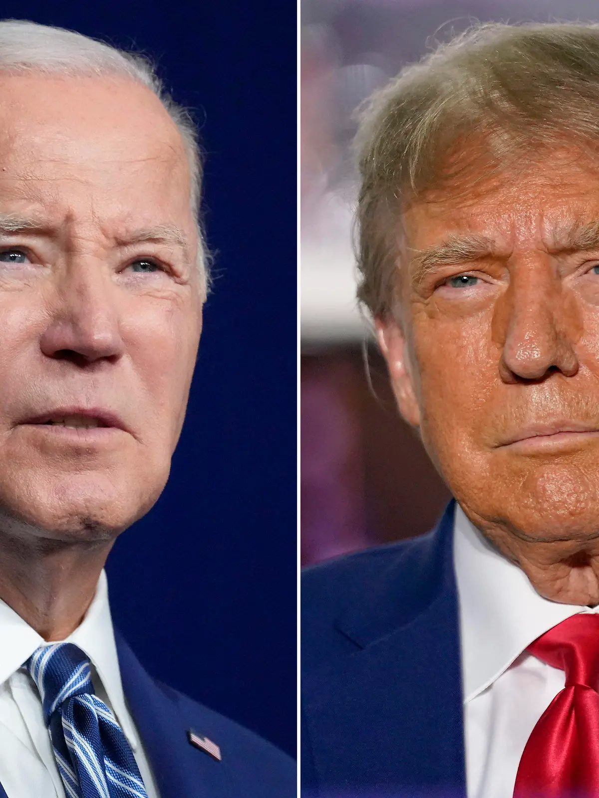 ARCHIV - 14.06.2023, USA, Salt Lake City/Bedminster: In dieser Bildkombination sprechen Joe Biden (l), Präsident der USA, am 10. August 2023 in Salt Lake City, und Donald Trump (Republikaner), ehemaliger Präsident der USA und US-Präsidentschaftsbewerber, am 13. Juni 2023 in Bedminster, New Jersey. Biden und Trump haben sich beide die nötige Zahl an Delegierten für die Nominierung als Präsidentschaftskandidaten ihrer jeweiligen Parteien gesichert. Damit läuft es auf ein erneutes Duell der beiden Rivalen bei der Präsidentenwahl am 5. November hinaus. Die heiße Wahlkampfphase ist eingeläutet. Foto: Alex Brandon/Andrew Harnik/AP/dpa +++ dpa-Bildfunk +++
