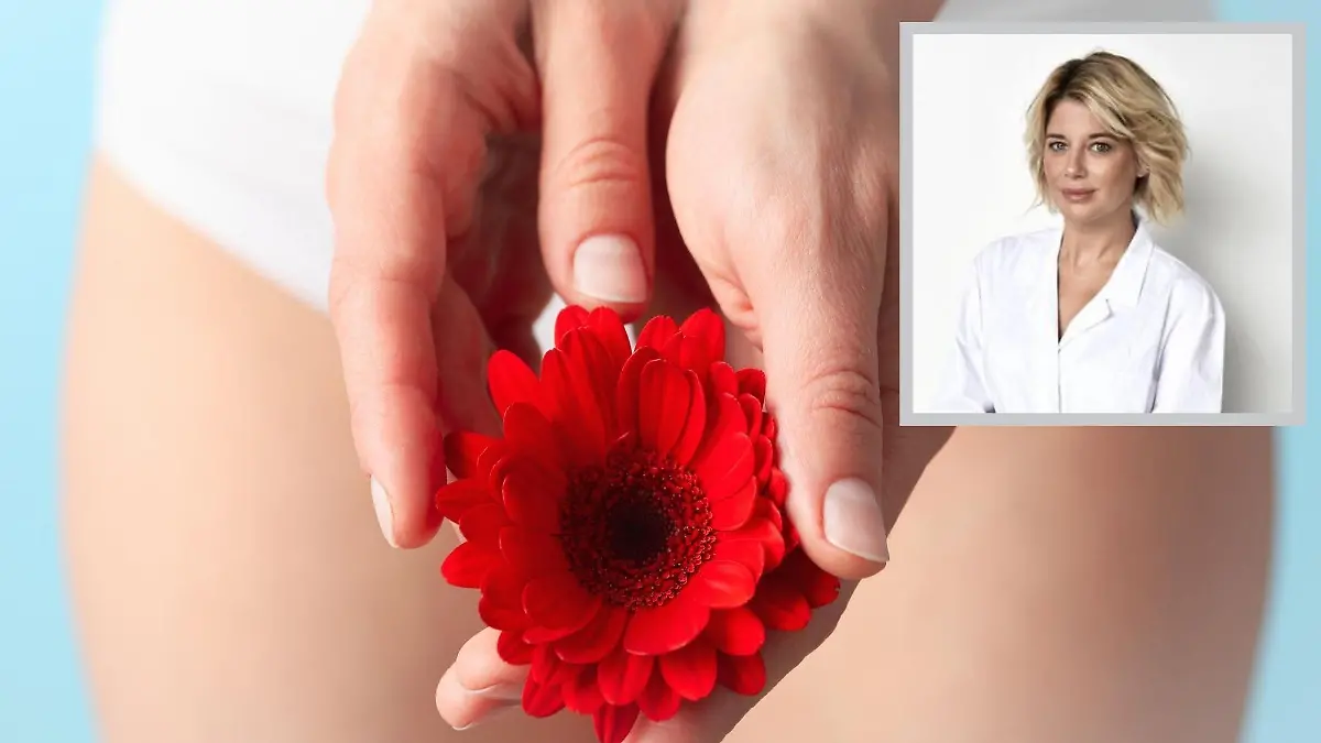 Eine Frau hält eine Blume in der Hand und Dr. med. Judith Bildau Porträt.