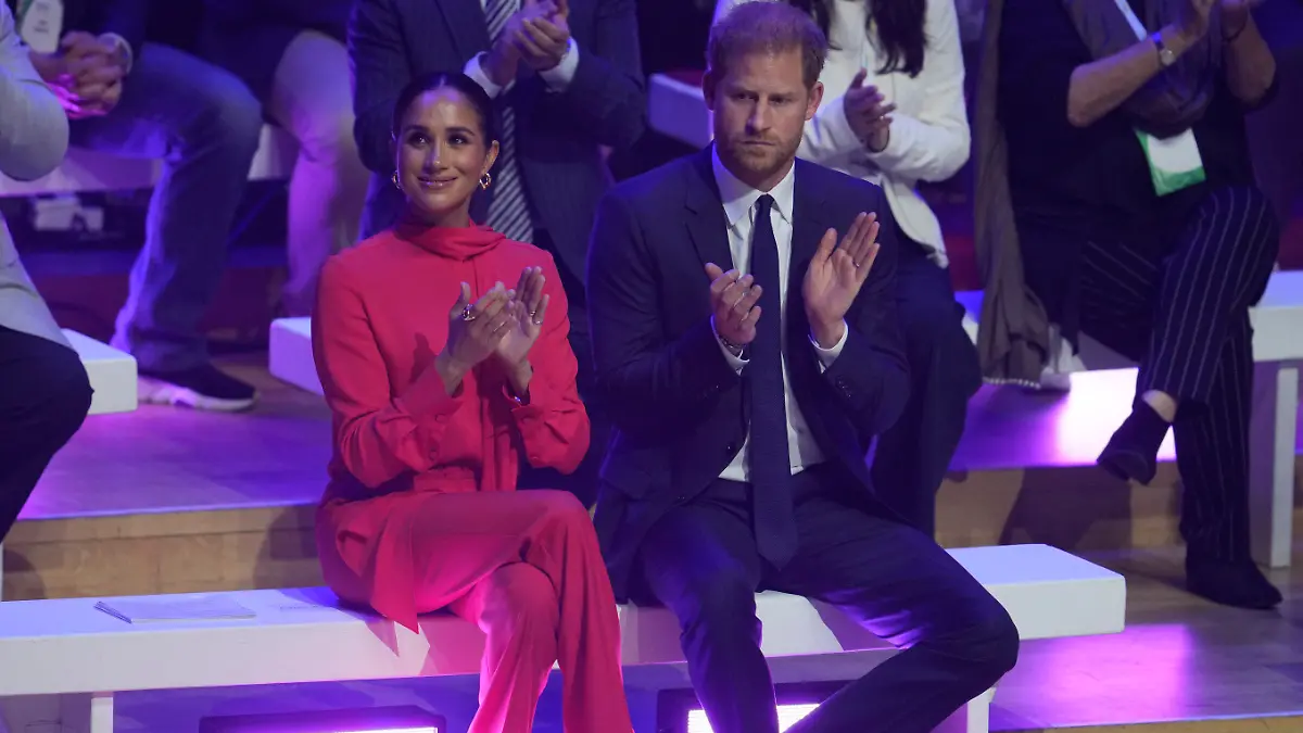 Britain's Prince Harry and Meghan, Duchess of Sussex attend the One Young World 2022 Manchester Summit at Bridgewater Hall, Manchester, England, Monday Sept. 5, 2022. (AP Photo/Jon Super)