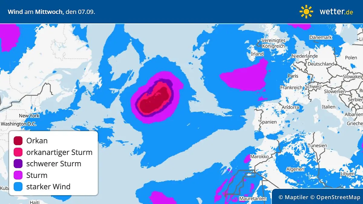 Windspitzen am Mittwoch, 7. September - Hurrikan DANIELLE über dem Atlantik