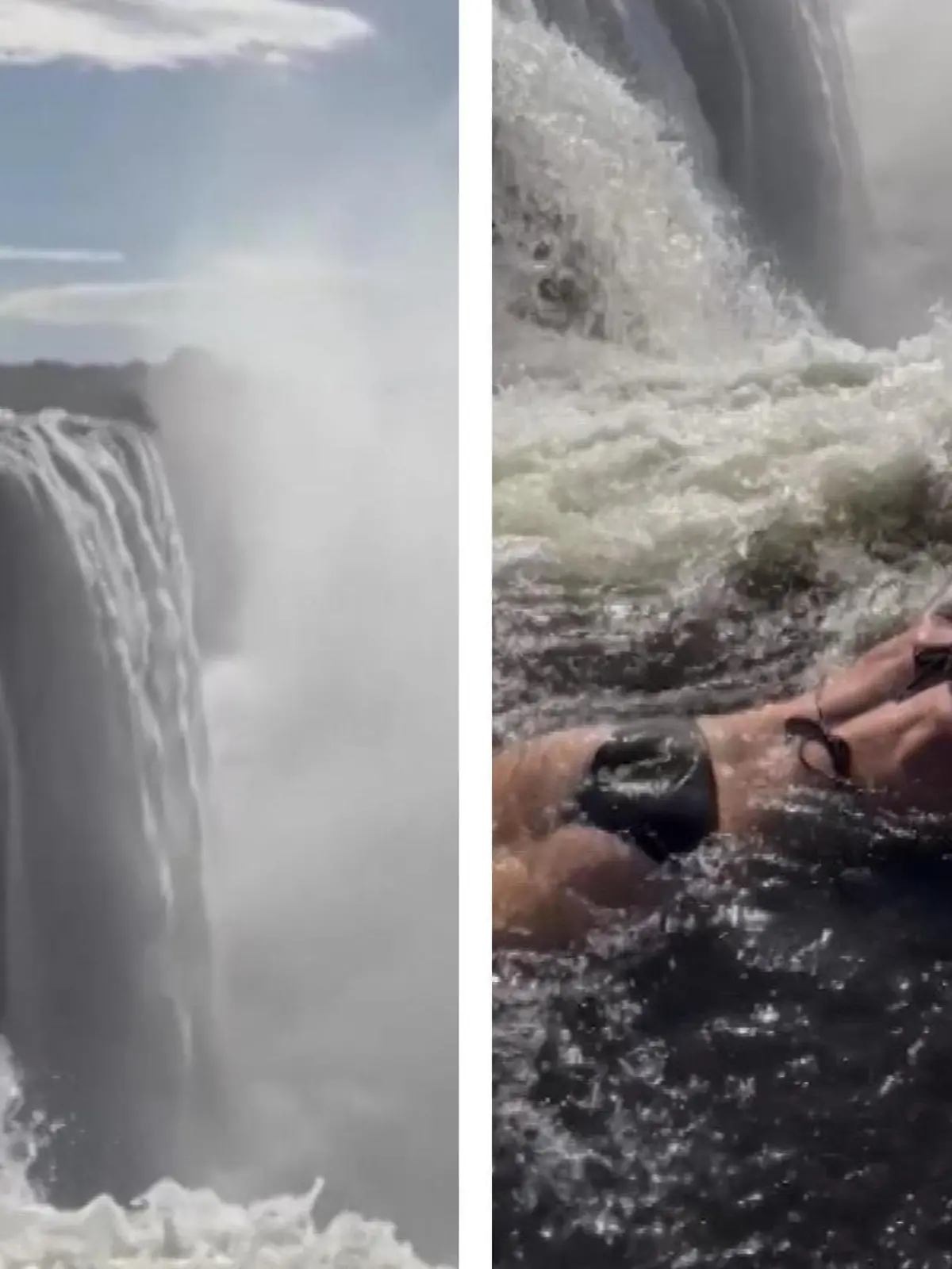 Hier am Rande der Victoria-Fälle in Simbabwe können Touristen direkt über der Schlucht baden.  Für das perfekte Foto gehen diese Touristen also ziemlich weit - riskieren ihr Leben. Denn beide werden nur von dem Touri-Guide an den Füßen festgehalten.