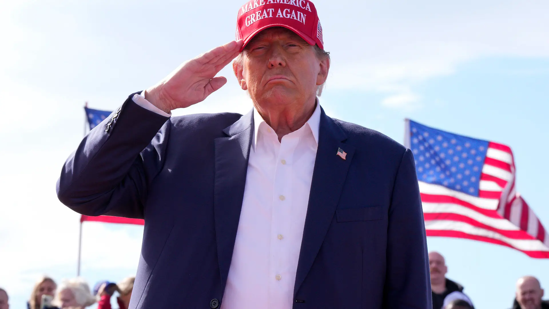 Republican presidential candidate former President Donald Trump salutes at a campaign rally Saturday, March 16, 2024, in Vandalia, Ohio. (AP Photo/Jeff Dean)