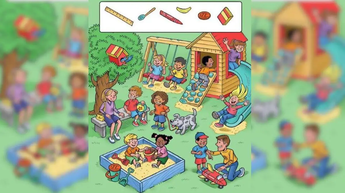 Spielplatz-Suchbild mit sechs Gegenständen, die sich zwischen spielenden Kindern verstecken.