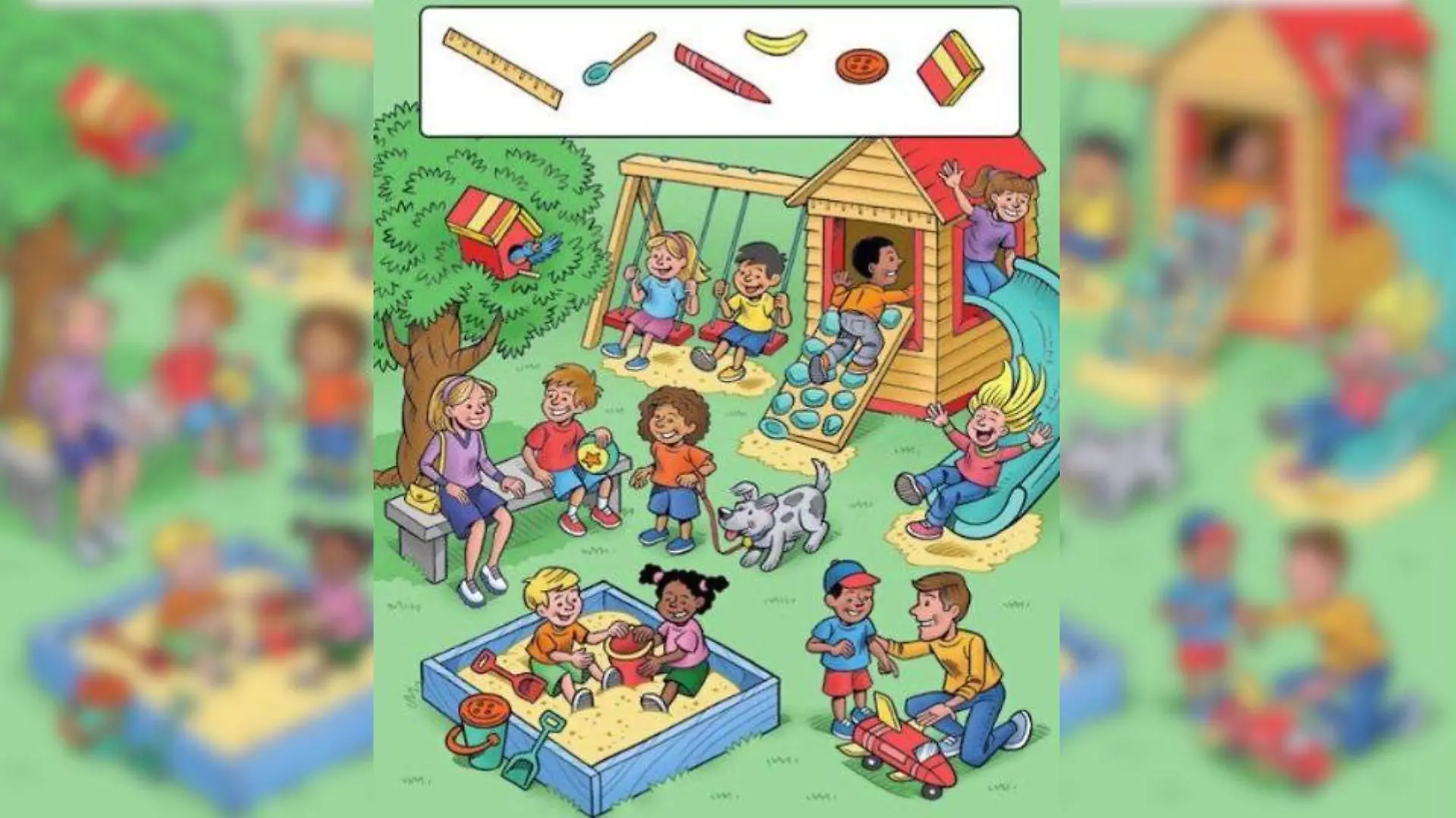 Spielplatz-Suchbild mit sechs Gegenständen, die sich zwischen spielenden Kindern verstecken.