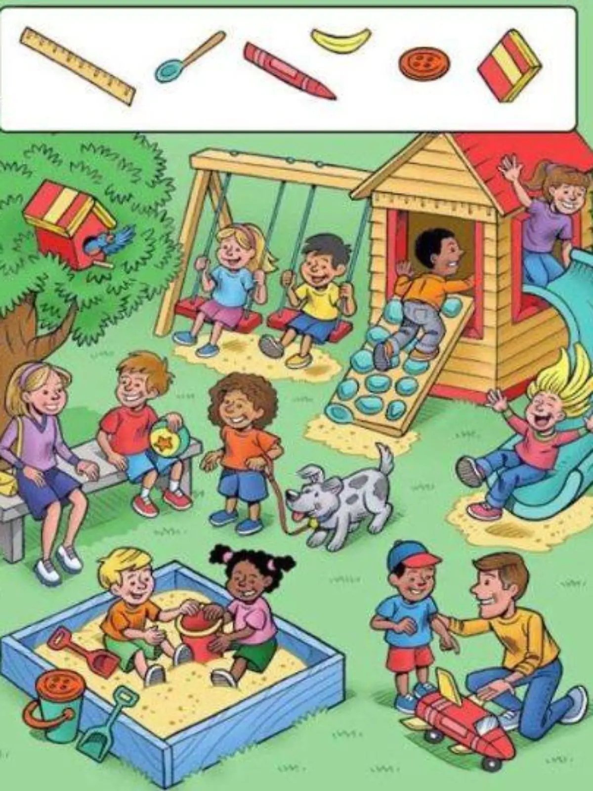 Spielplatz-Suchbild mit sechs Gegenständen, die sich zwischen spielenden Kindern verstecken.