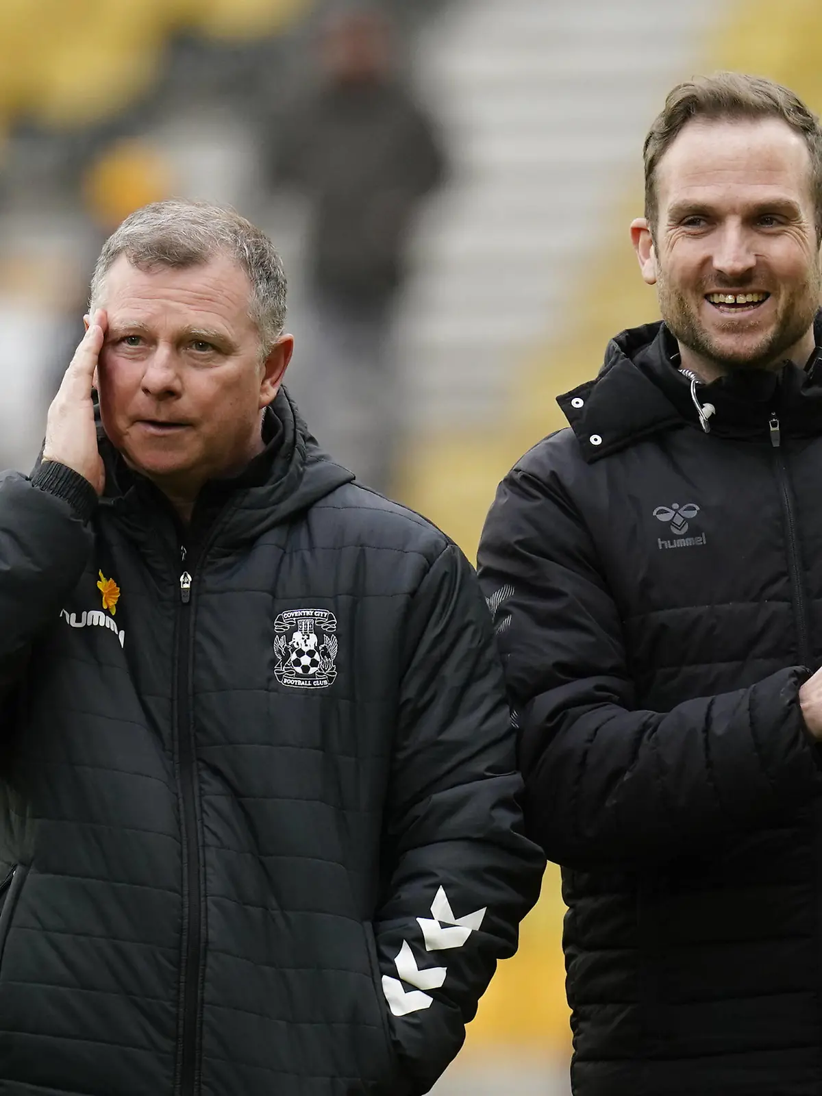 Wolverhampton Wanderers v Coventry City - Emirates FA Cup - Quarter Final - Molineux Coventry City manager Mark Robins left and goalkeeping coach Aled Williams after the Emirates FA Cup quarter-final match at the Molineux, Wolverhampton. Picture date: Saturday March 16, 2024. EDITORIAL USE ONLY No use with unauthorised audio, video, data, fixture lists, club/league logos or live services. Online in-match use limited to 120 images, no video emulation. No use in betting, games or single club/league/player publications. PUBLICATIONxNOTxINxUKxIRL Copyright: xNickxPottsx 75632454