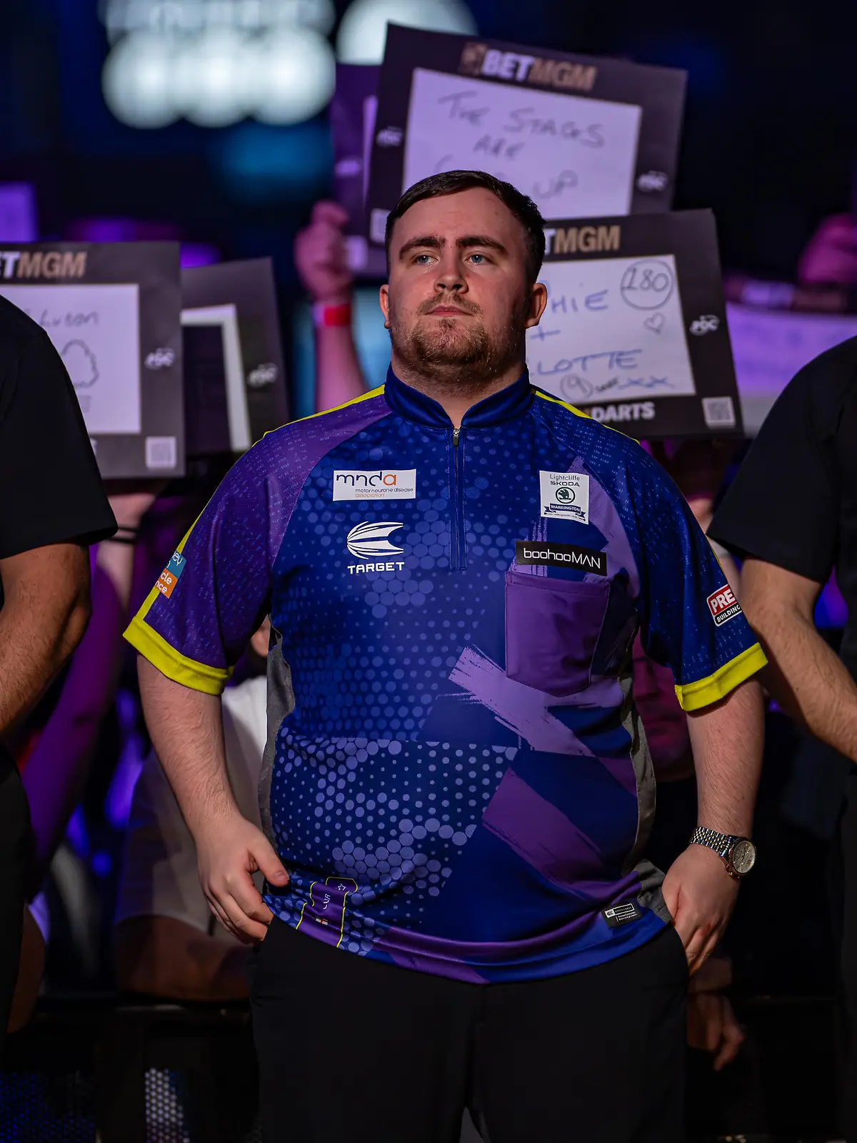 14th March 2024, Motorpoint Arena, Nottingham, Wales; 2024 PDC Premier League Darts Nottingham Night 7; Luke Littler greets the fans on his walk on before his match / action press