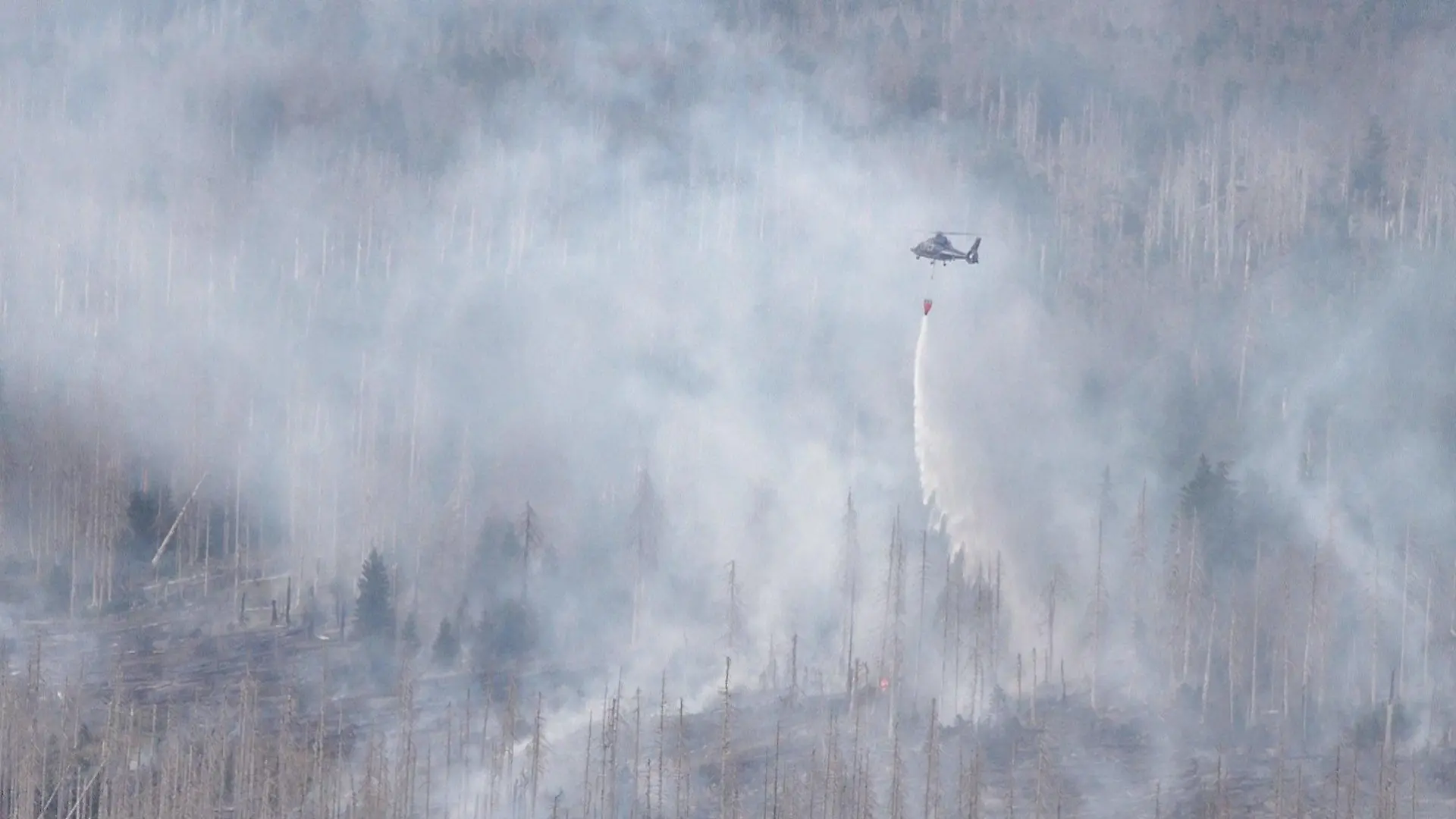 04.09.2022, Sachsen-Anhalt, Schierke: Mit Löschhubschraubern wird das Feuer am Brocken bekämpft. Insgesamt 5 Löschhubschrauber sind im Einsatz. Foto: Christian Butt/nordwestmedia/NMW/dpa +++ dpa-Bildfunk +++