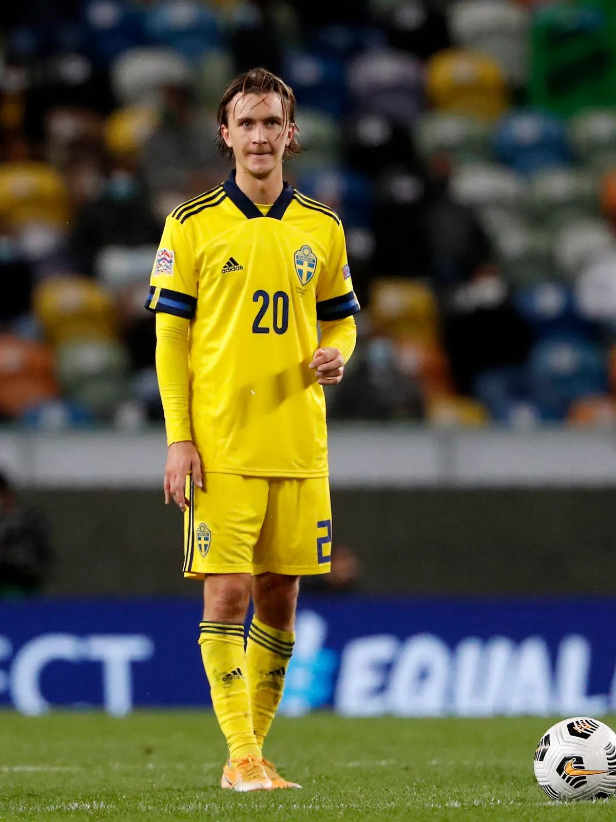 FILE - Sweden's Kristoffer Olsson waits to take a free kick during the UEFA Nations League soccer match between Portugal and Sweden at the Jose Alvalade stadium in Lisbon, Wednesday, Oct. 14, 2020. Sweden midfielder Kristoffer Olsson who was hospitalized last month with an acute brain condition, is in a stable condition but remains in intensive care, his Danish club FC Midtjylland said Thursday, March 7, 2024, adding doctors will slowly take him out on the ventilator. (AP Photo/Armando Franca, File)