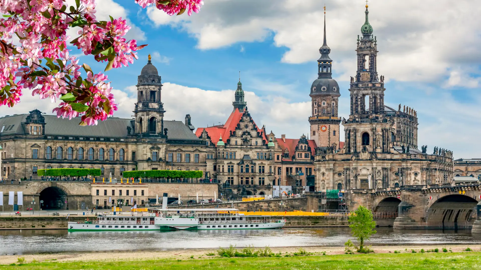 Dresden cityscape with cathedral, castle and Elbe river in spring, Saxony, Germany
