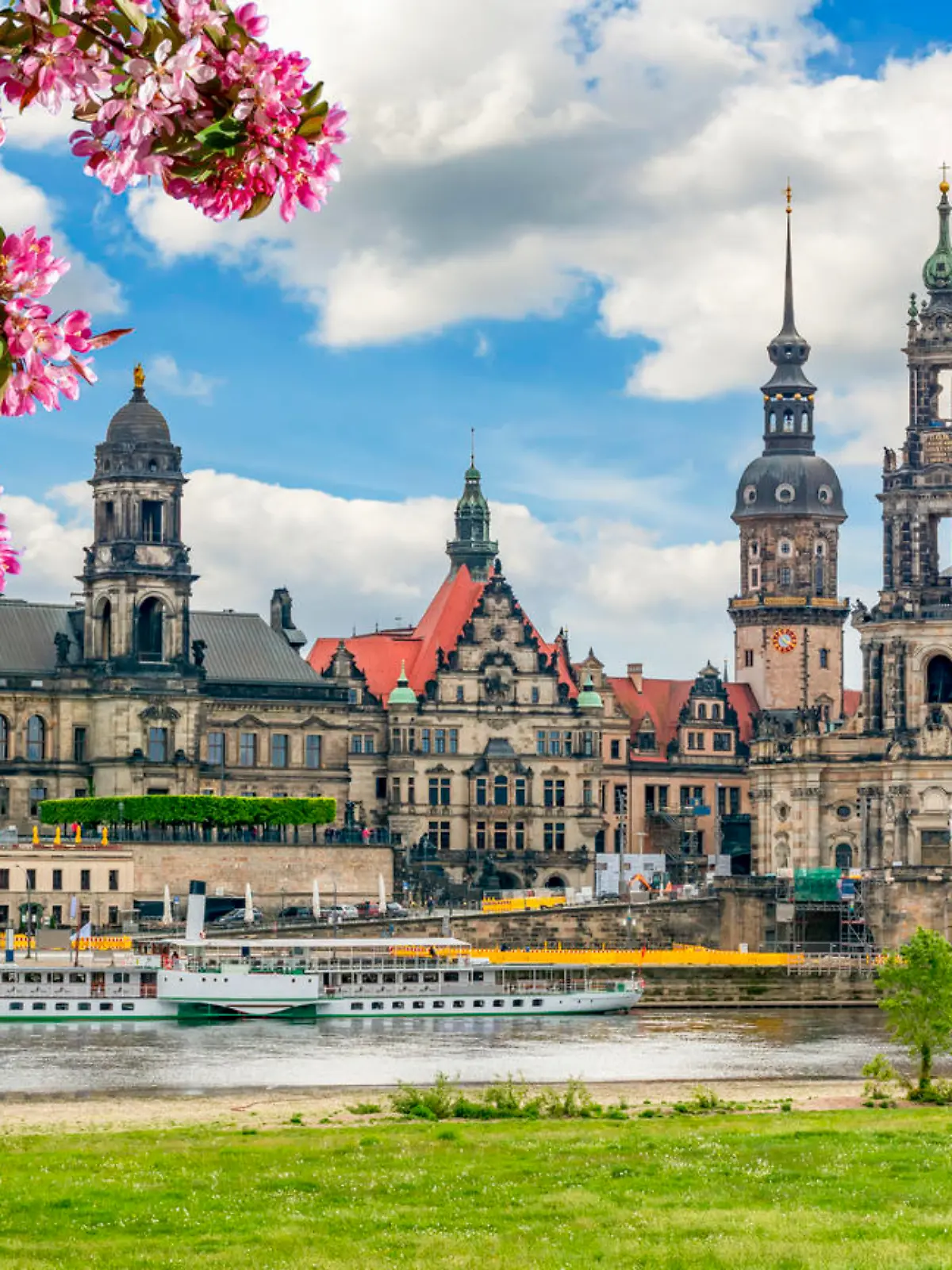 Dresden cityscape with cathedral, castle and Elbe river in spring, Saxony, Germany