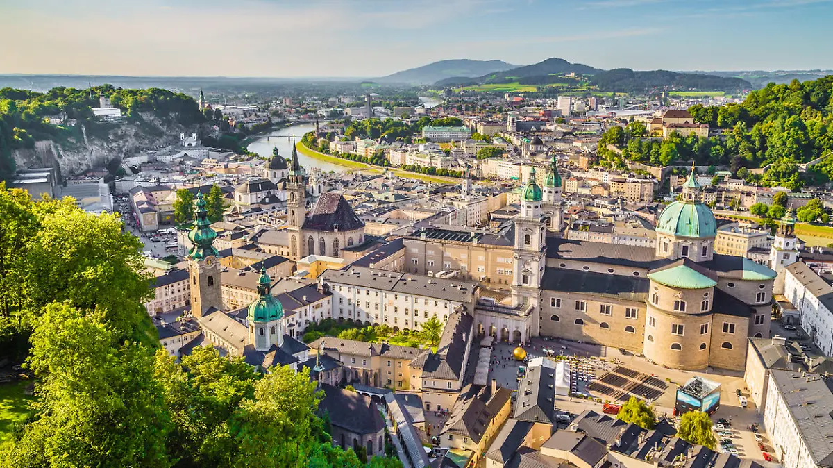 Aerial view of the historic city of Salzburg at sunset, Salzburger Land, Austria.