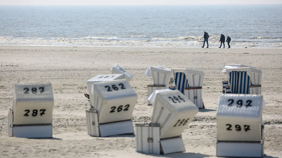 Strandkörbe stehen bei Sonnenschein am Strand von St. Peter-Ording.