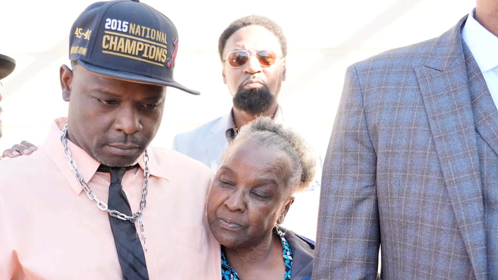 Eddie Terrell Parker, left, stands with his aunt, Linda Rawls, outside the Thad Cochran United States Courthouse in Jackson, Miss., Tuesday, March 19, 2024, following the federal court sentencing of the second of six former Mississippi Rankin County law enforcement officers who committed numerous acts of racially motivated, violent torture on Parker and his friend Michael Corey Jenkins in 2023. Sentencing continues Wednesday morning for the other four former law enforcement officers in federal court. (AP Photo/Rogelio V. Solis)