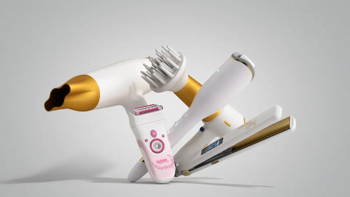 set of equipment for hair care hair dryer, epilator, curling iron, hair straightener 3d render on grey
