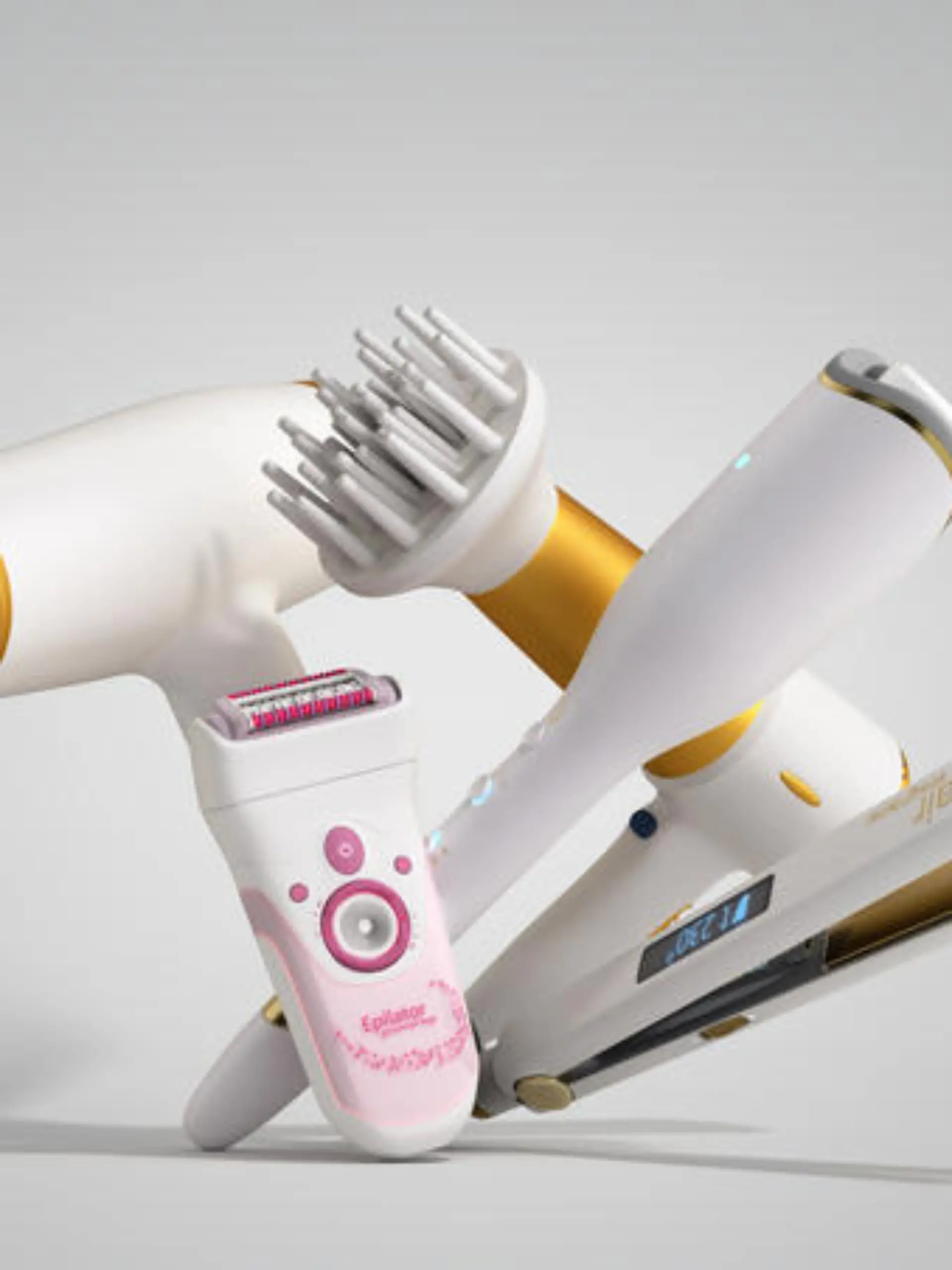 set of equipment for hair care hair dryer, epilator, curling iron, hair straightener 3d render on grey
