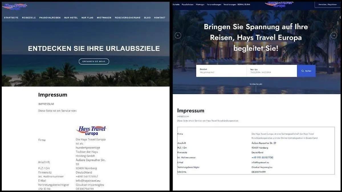 Noch vor drei Wochen sah die Website von Hays Travel Europa ganz anders aus (links) als heute (rechts).