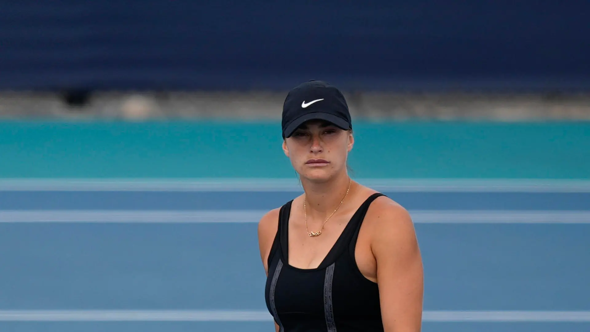 Aryna Sabalenka, of Belarus, walks on a practice court at the Miami Open tennis tournament, Wednesday, March 20, 2024, in Miami Gardens, Fla. (AP Photo/Rebecca Blackwell)