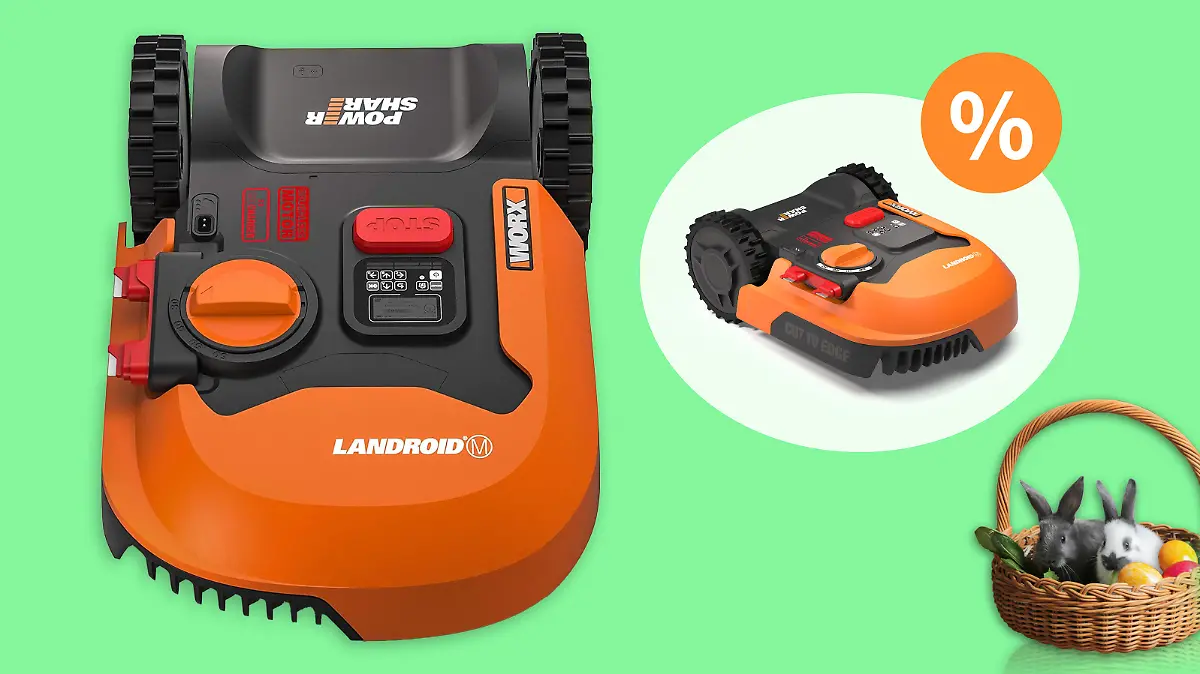 WORX Landroid PLUS WR167E Mähroboter im Amazon-Oster-Angebot auf grünem Hintergrund.