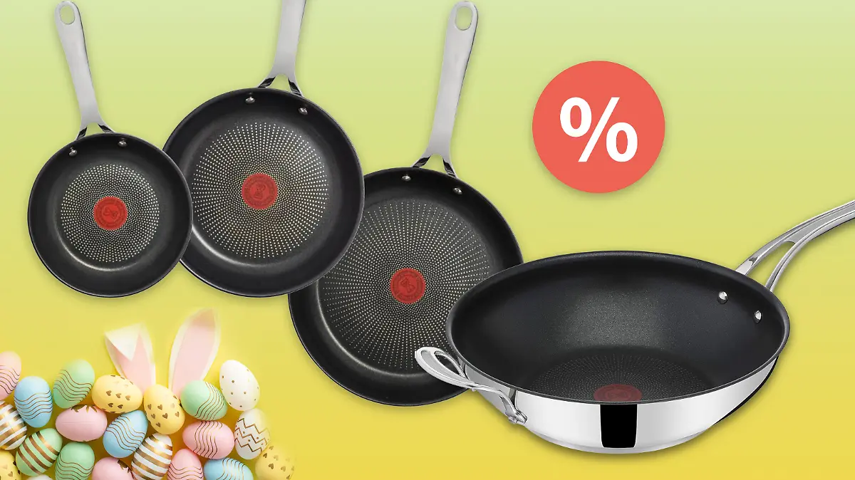 Wok und Pfannen by Jamie Oliver: Tefal-Pfannen im Amazon-Oster-Angebot vor gelbem Hintergrund.