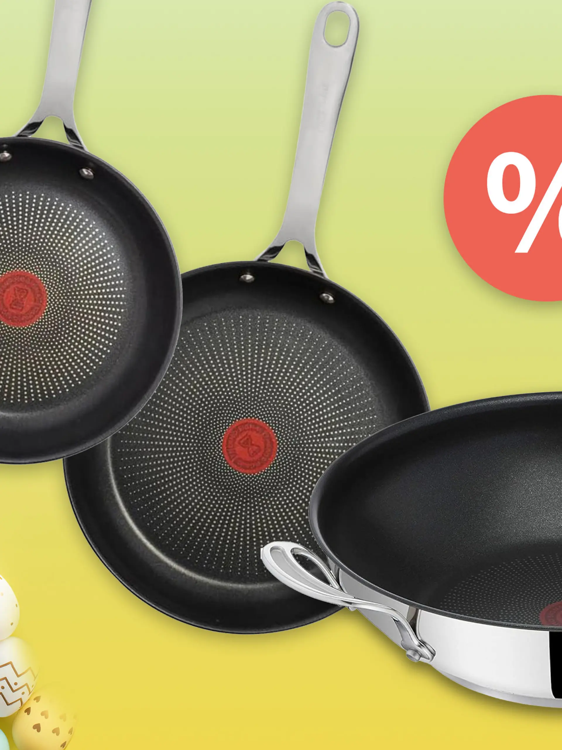 Wok und Pfannen by Jamie Oliver: Tefal-Pfannen im Amazon-Oster-Angebot vor gelbem Hintergrund.