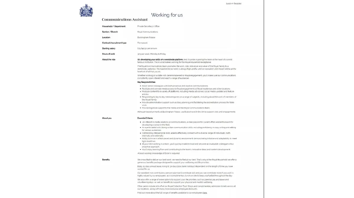 Diese Stellenanzeige ist aktuell auf der Seite des Buckingham Palace
