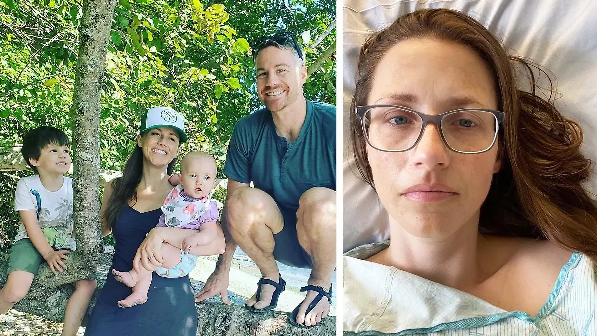 Collage: Natalie Phelps und ihre Familie im Jahr 2020 / Phelps im Krankenhaus.