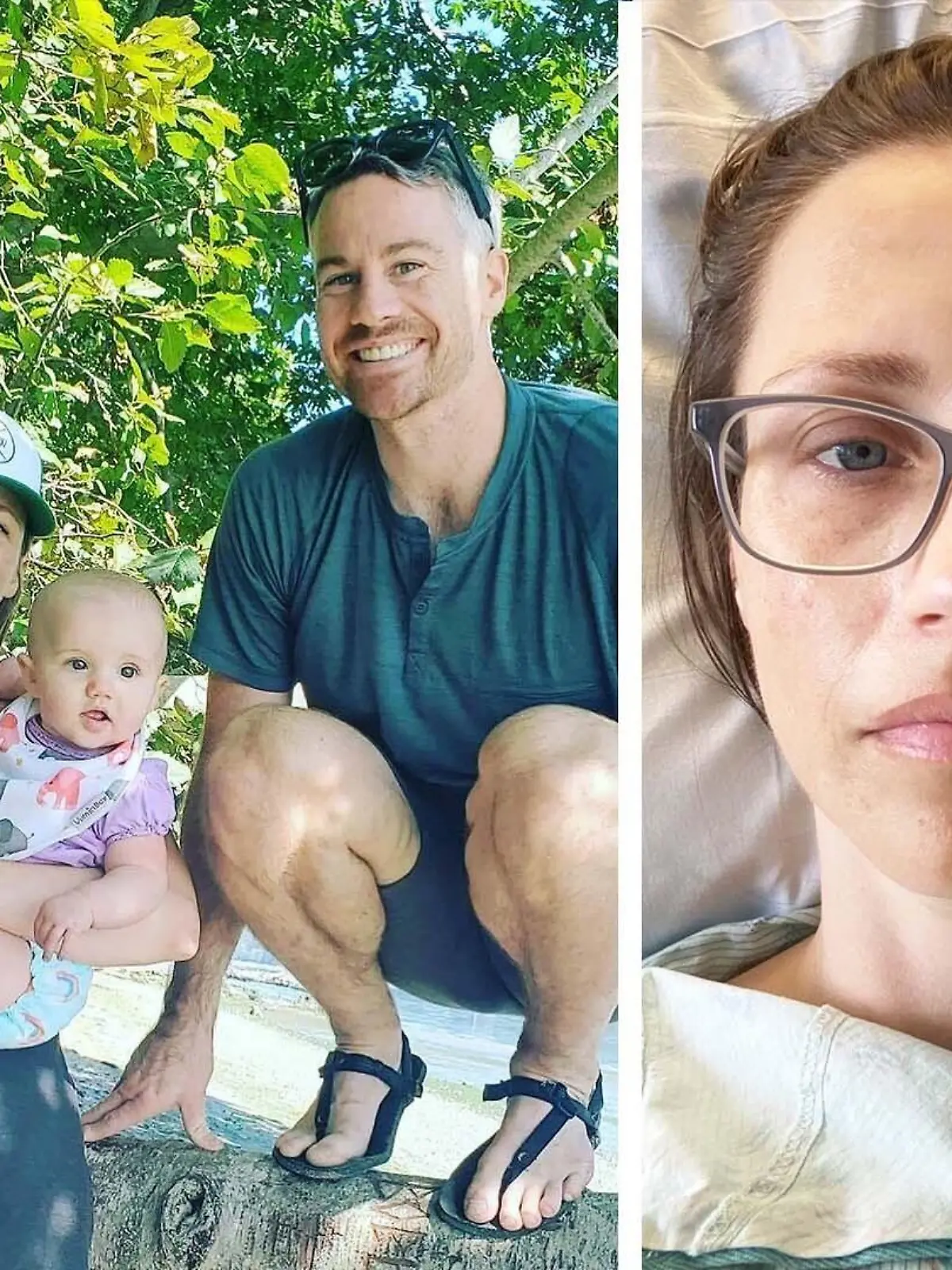 Collage: Natalie Phelps und ihre Familie im Jahr 2020 / Phelps im Krankenhaus.
