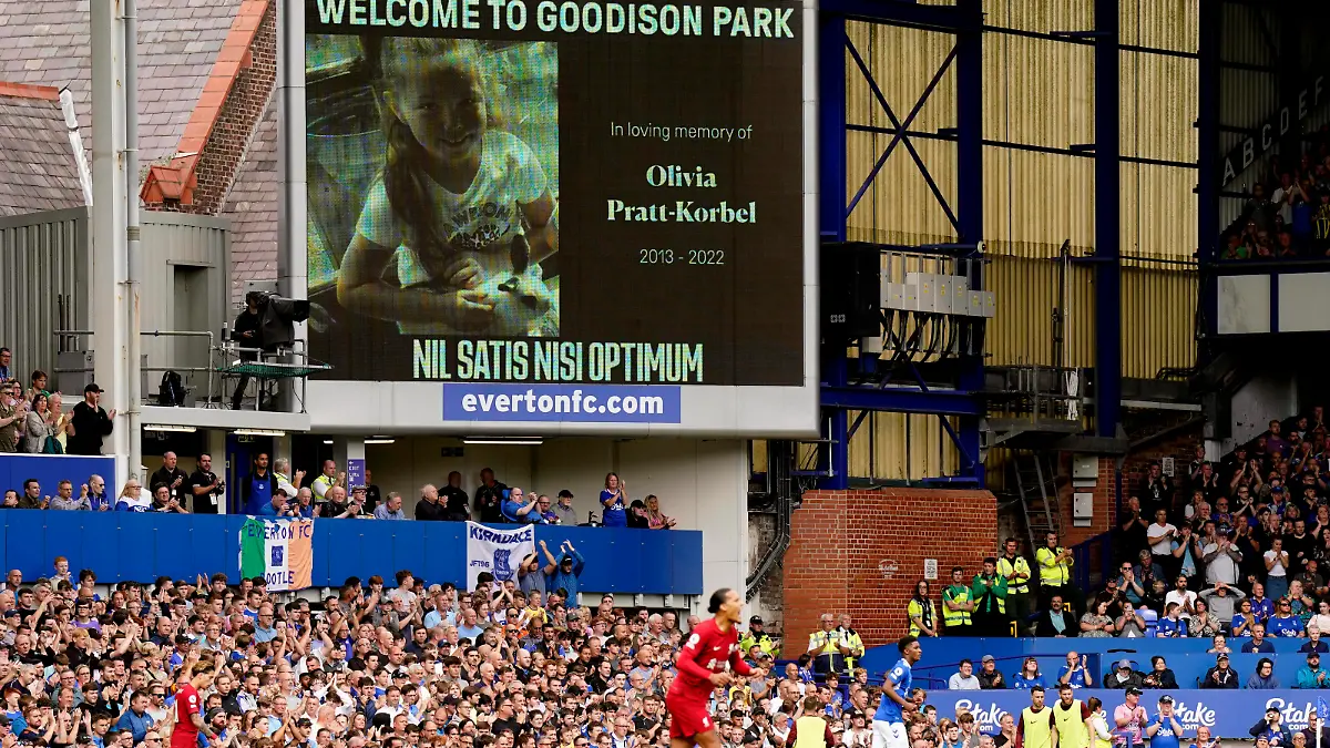 Liverpool, England, 3rd September 2022. A tribute to murdered 9 year old Olivia Pratt-Korbel is shown on the large screen during the Premier League match at Goodison Park, Liverpool. Picture credit should read: Andrew Yates / Sportimage PUBLICATIONxNOTxINxUK SPI-1843-0031 