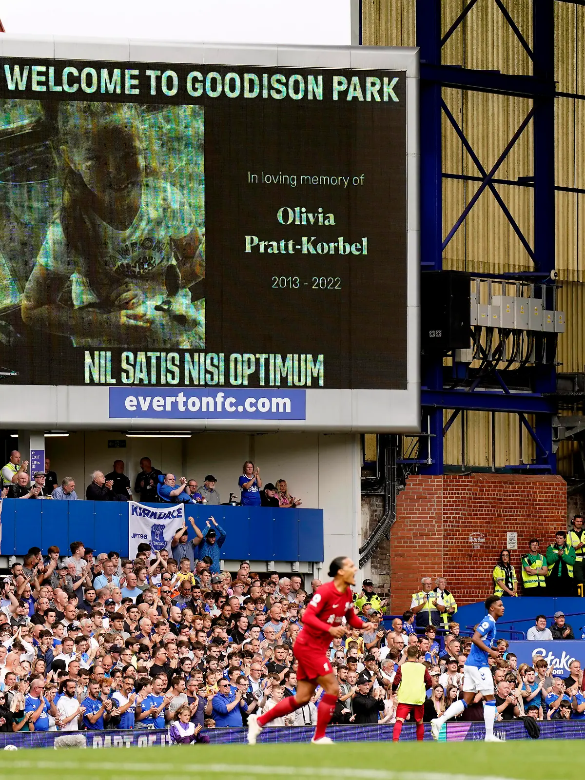 Liverpool, England, 3rd September 2022. A tribute to murdered 9 year old Olivia Pratt-Korbel is shown on the large screen during the Premier League match at Goodison Park, Liverpool. Picture credit should read: Andrew Yates / Sportimage PUBLICATIONxNOTxINxUK SPI-1843-0031 