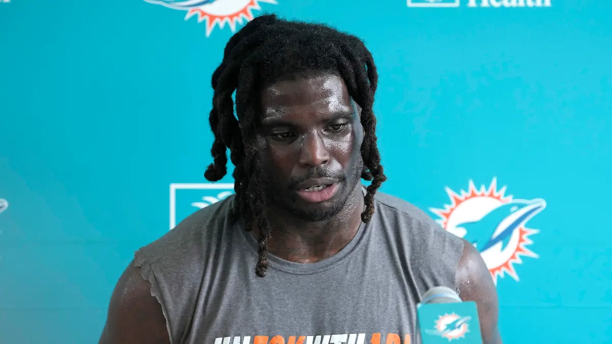 Miami Dolphins wide receiver Tyreek Hill speaks during an interview following practice at the NFL football team's training facility, Wednesday, July 26, 2023, in Miami Gardens, Fla. (AP Photo/Lynne Sladky)