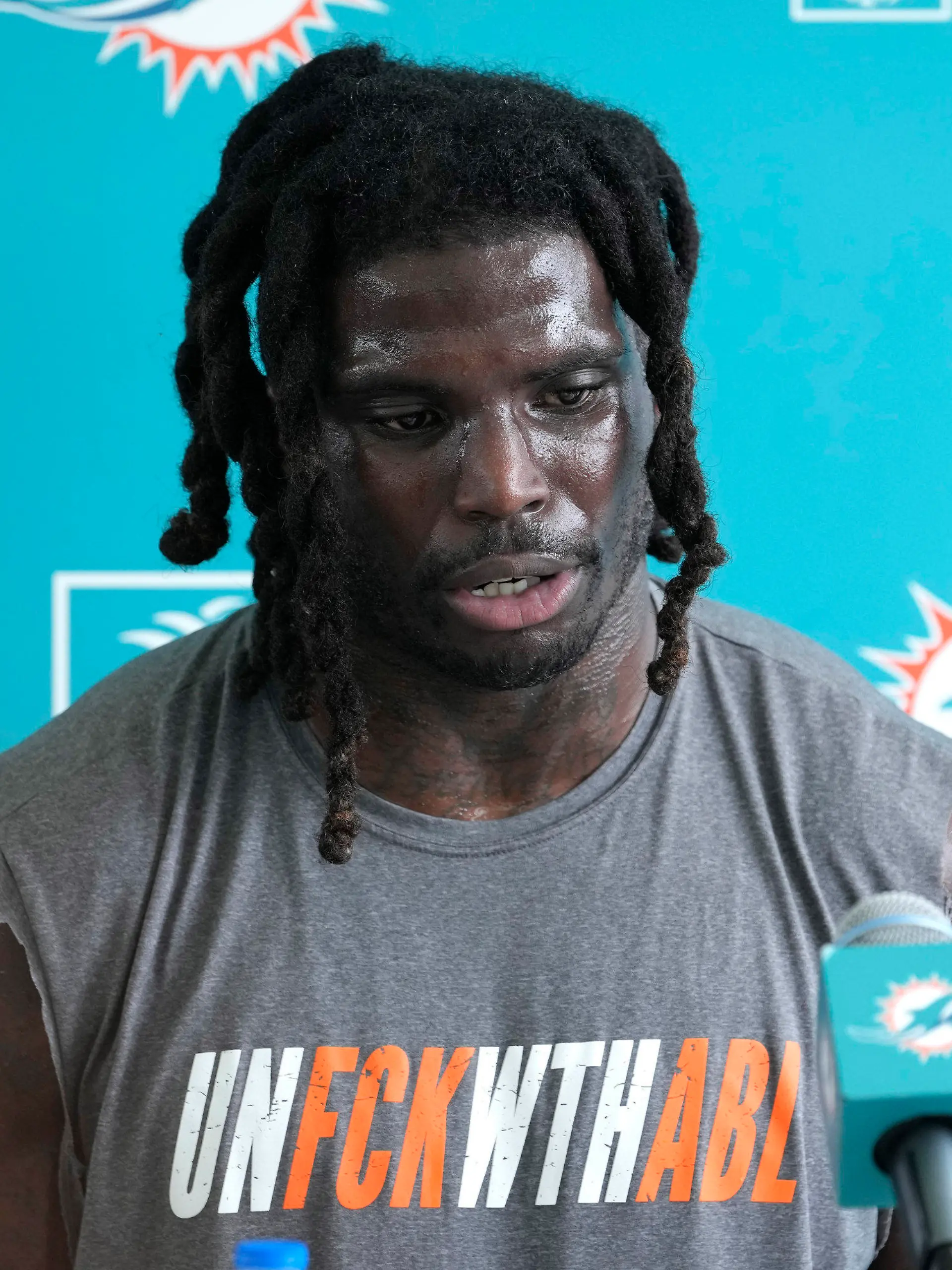 Miami Dolphins wide receiver Tyreek Hill speaks during an interview following practice at the NFL football team's training facility, Wednesday, July 26, 2023, in Miami Gardens, Fla. (AP Photo/Lynne Sladky)
