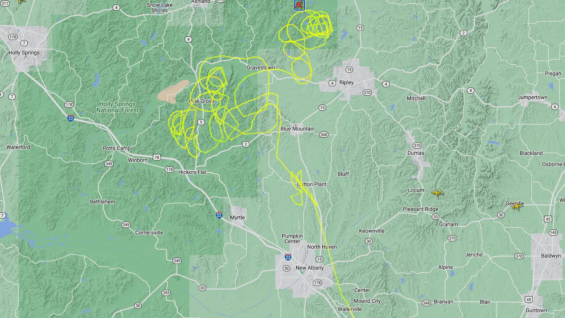 The flight path of a Beech C90A small twin-engine passenger plane is seen after its pilot threatened to intentionally crash into a Walmart in Mississippi, according to local police in Tupelo, Mississippi, U.S. September 3, 2022.  Courtesy of Flightradar24.com/Handout via REUTERS NO RESALES. NO ARCHIVES. MANDATORY CREDIT. THIS IMAGE HAS BEEN SUPPLIED BY A THIRD PARTY.