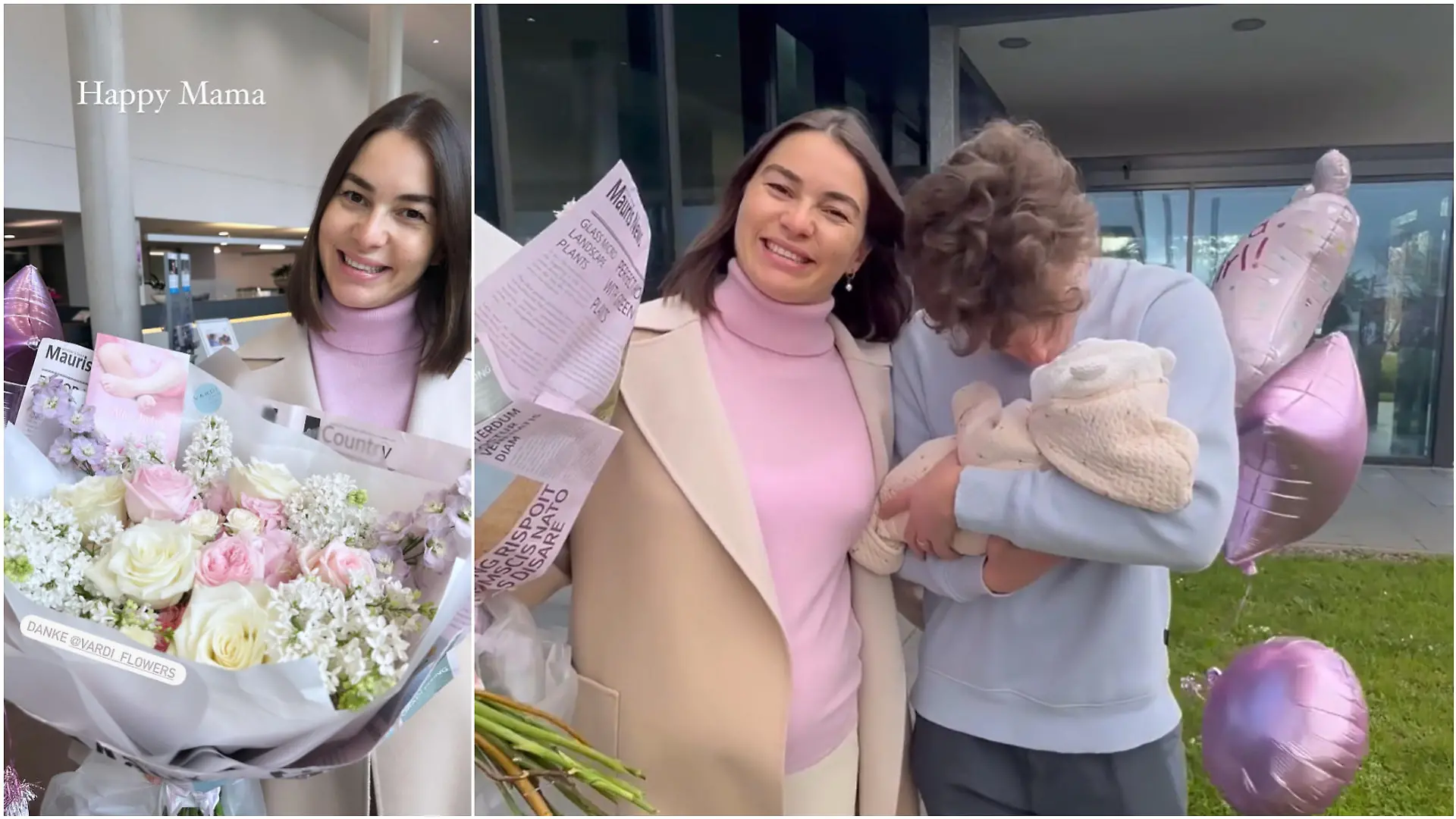 Mit Blumen und Baby bepackt geht's für die Lusins jetzt nach Hause.