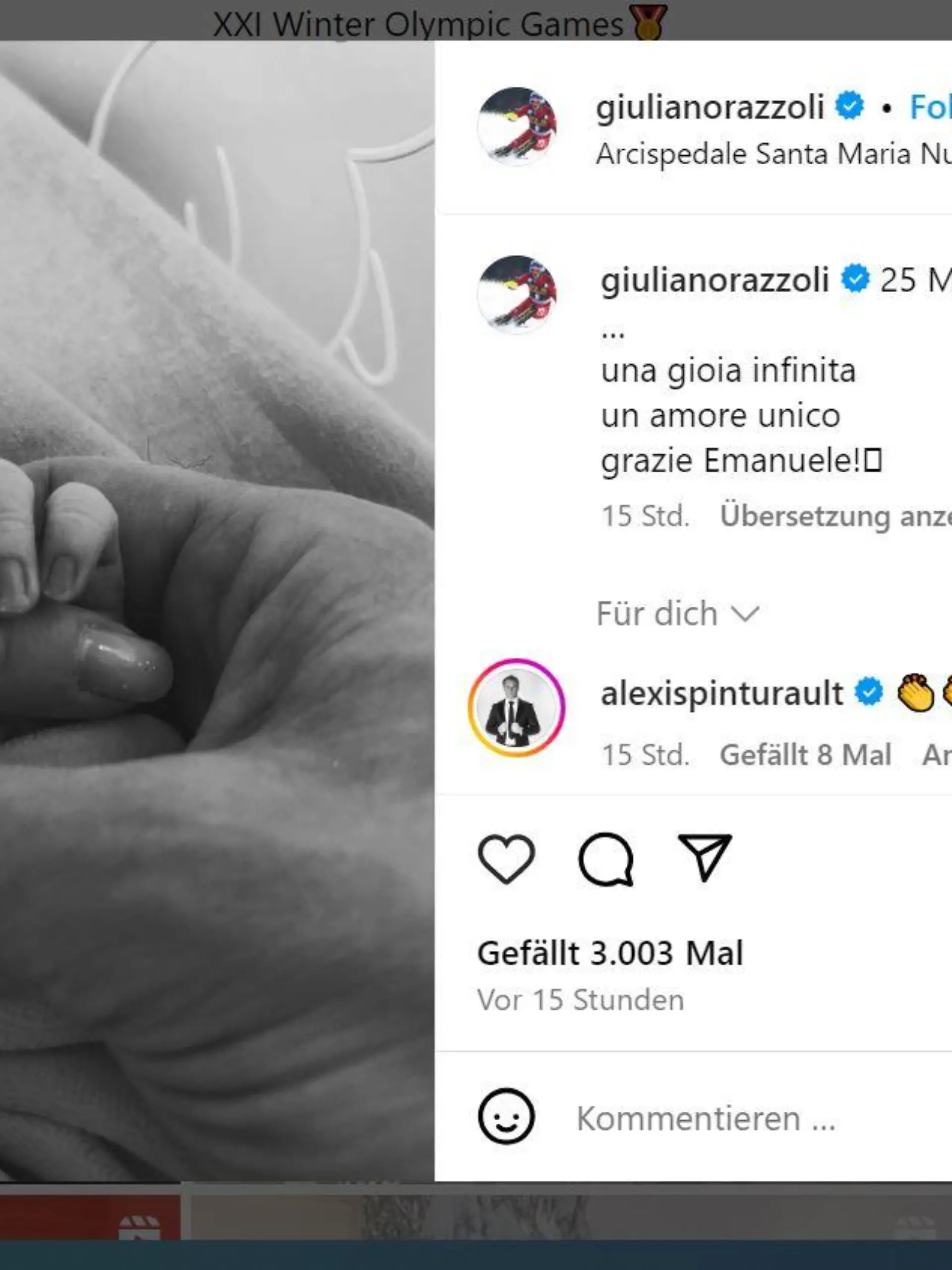 Giuliano Razzoli und seine Elisa halten die Hand ihres Kindes Emanuele